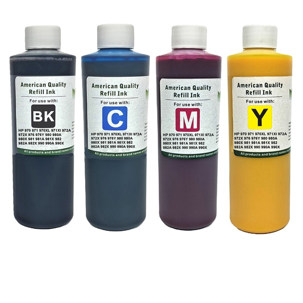 Ink Refill Bottles Pigment Ink BKCMY for HP 982 982A 982X 990 990A 990X 4x500ml