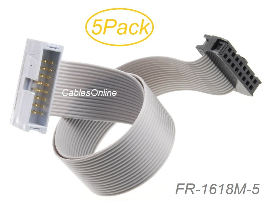 5-Pack 18inch 16-Pin (2x8) 2.54mm-Pitch M/F 16-wire IDC Flat Ribbon Extensions