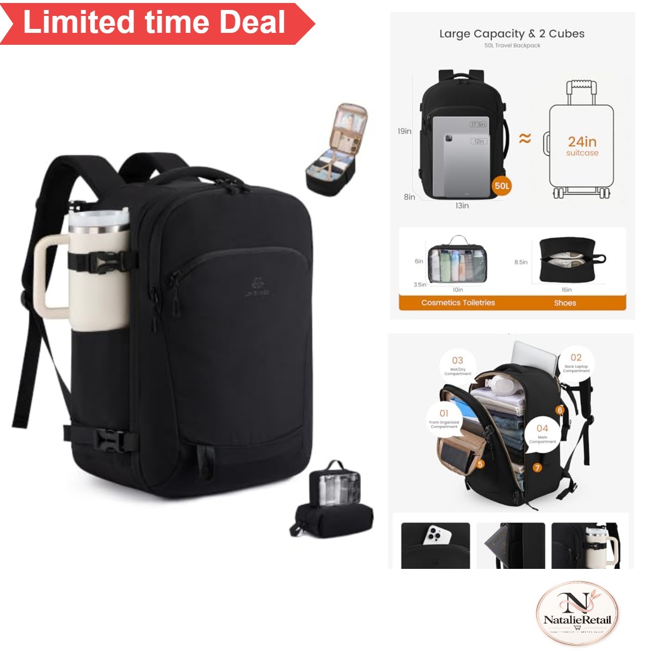 Travel Backpack 50L Airline Approved Carry On 17 Inch Laptop Compartment