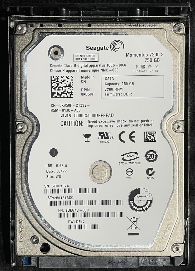 Seagate Momentus 7200RPM 2'5" 250GB SATA HDD / ST9250421ASG / K850F / T225F