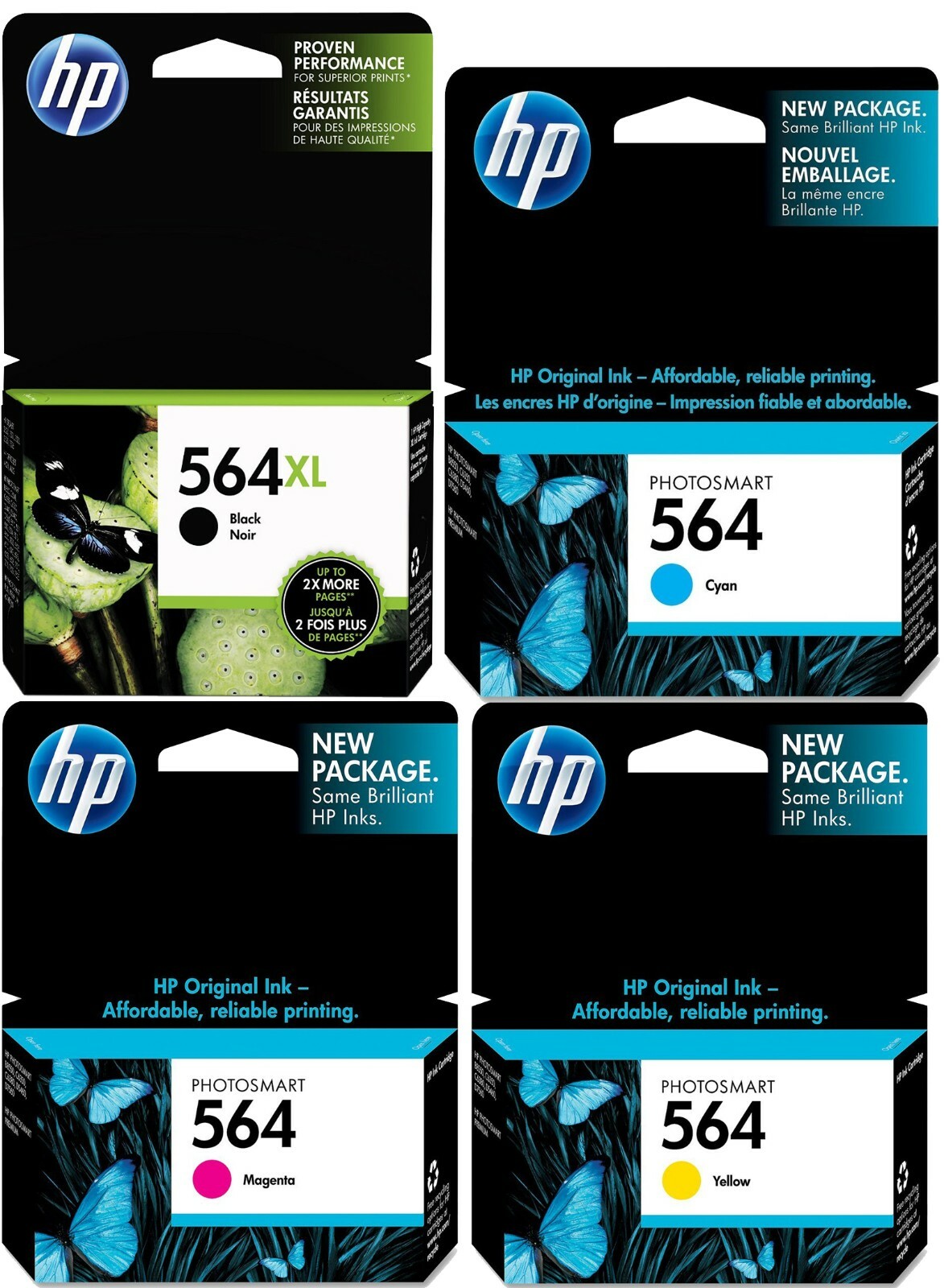 GENUINE HP 564XL Black and HP 564 Color Ink Cartridge 4-Pack 