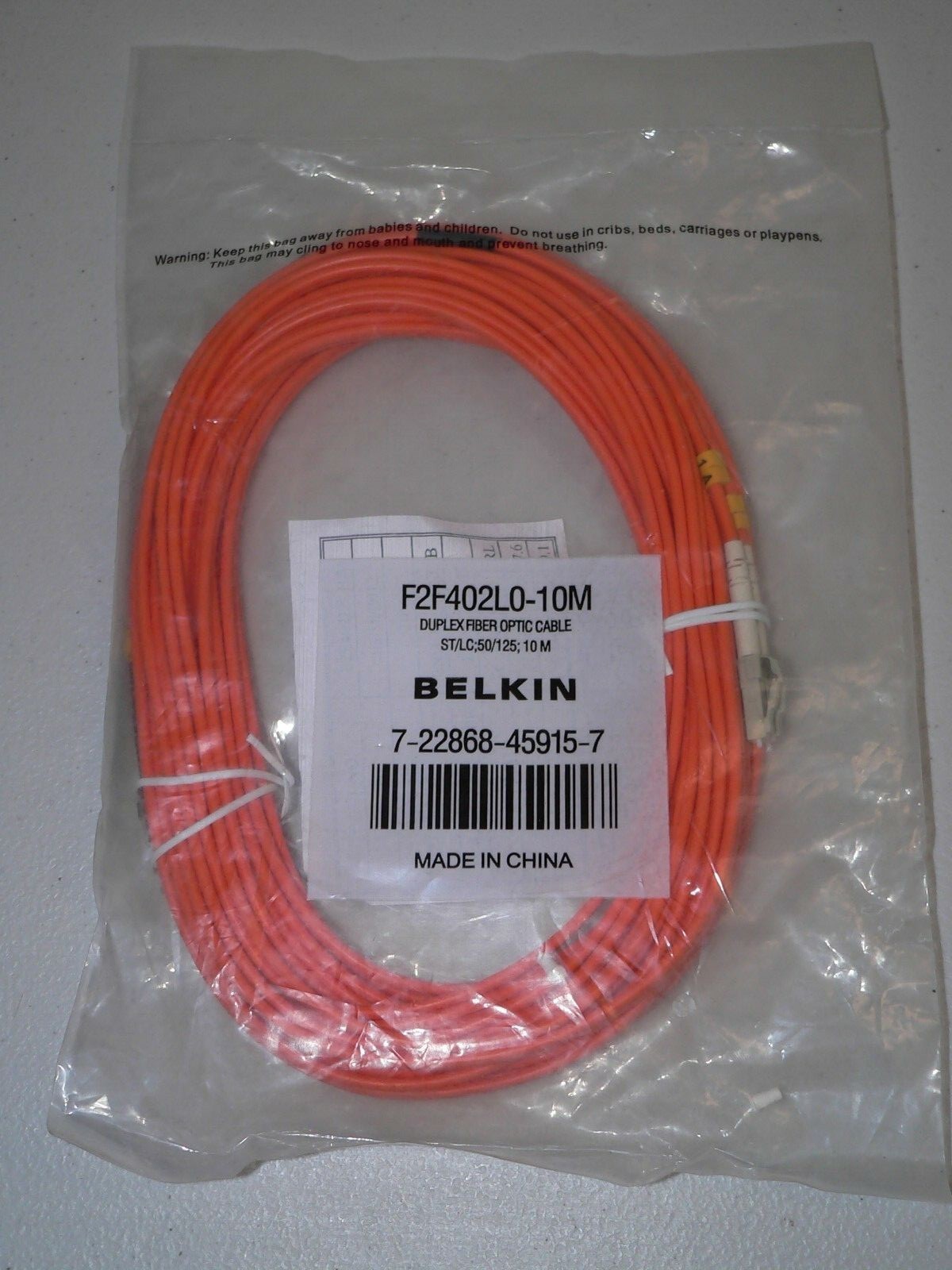 Belkin F2F402L0-10M ST/LC 50/125 10Meter 33FT Duplex Fiber Optic Patch Cable NEW