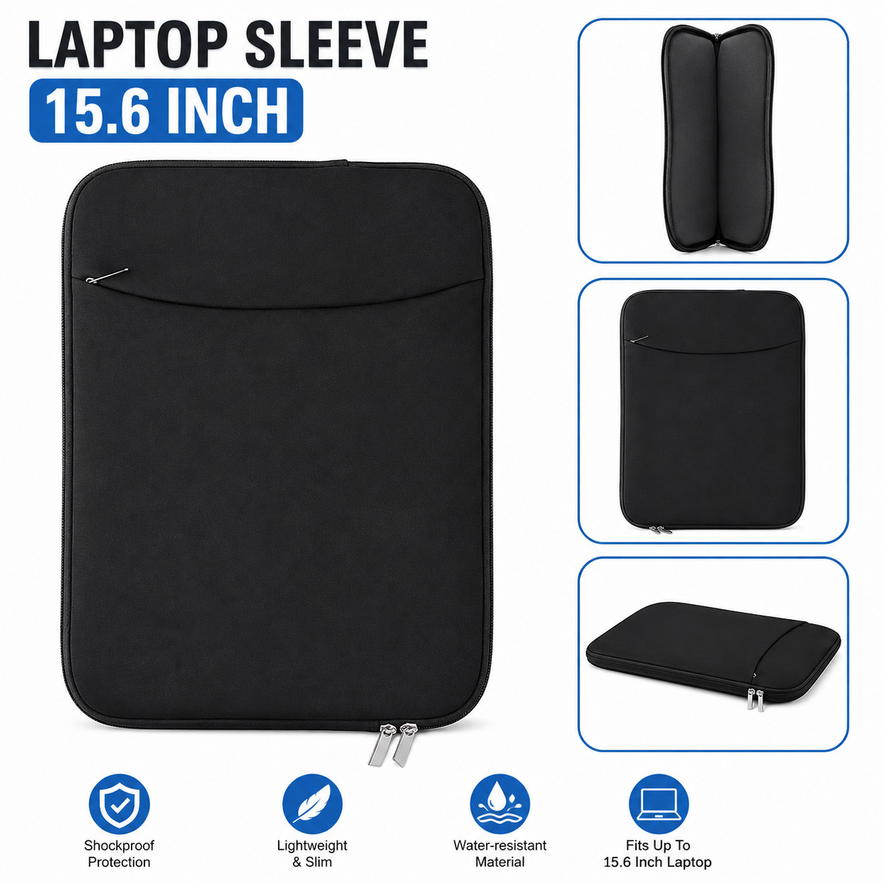 15.6" Laptop Sleeve Case Black Padded Protective Bag w/ Front Zipper Pocket