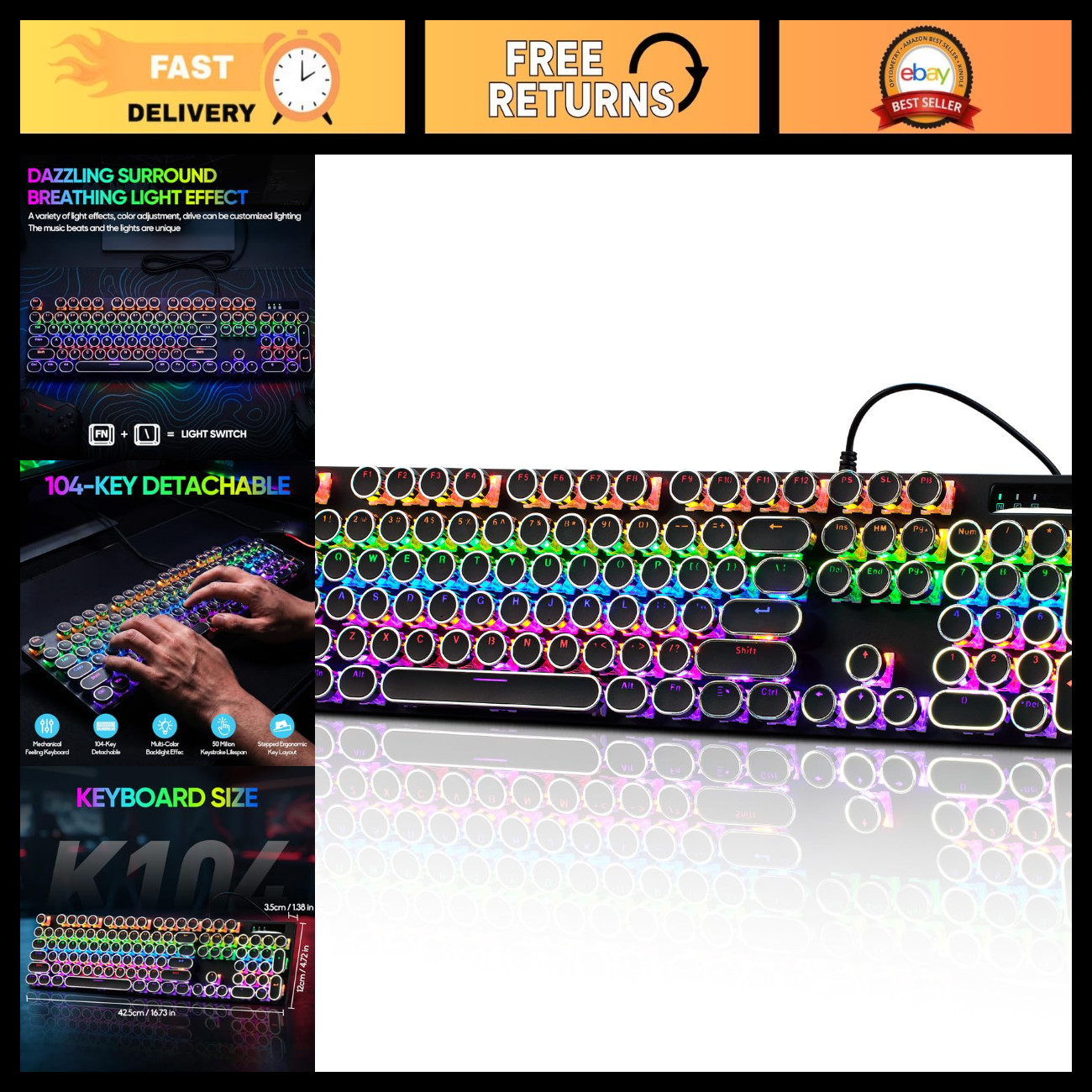 Retro Mechanical Gaming Keyboard, Wired Typewriter Style, RGB Backlit, 104 Keys,