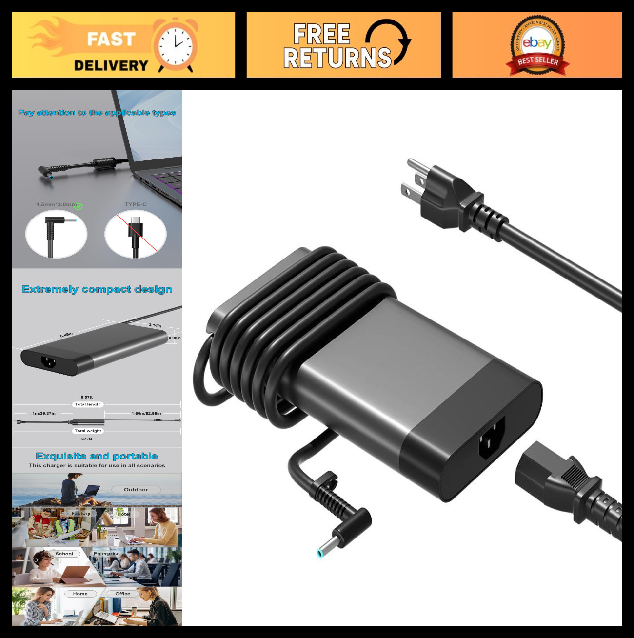 200W AC Laptop Charger for HP ZBook 15, 17, Studio x360, Elitebook 1050 - Power