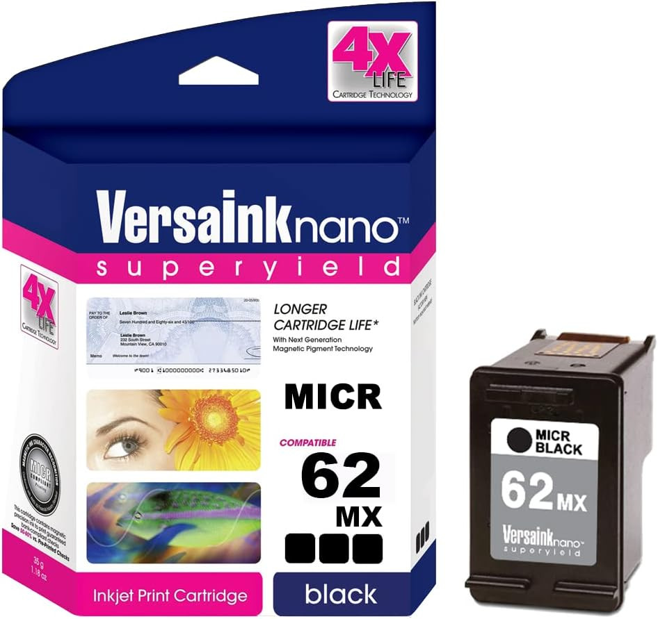 Versaink-Nano HP 62 MX, XL Black MICR Ink Cartridge for Check Printing