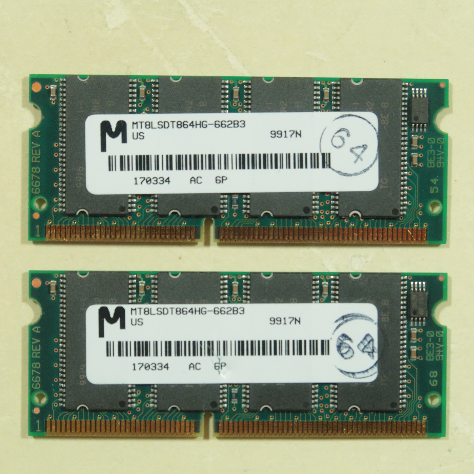 Micron 128MB 64MB x 2 PC66 144 Pin SODIMM SDRAM MT8LSDT864HG-662B3 66MHz Non-ECC