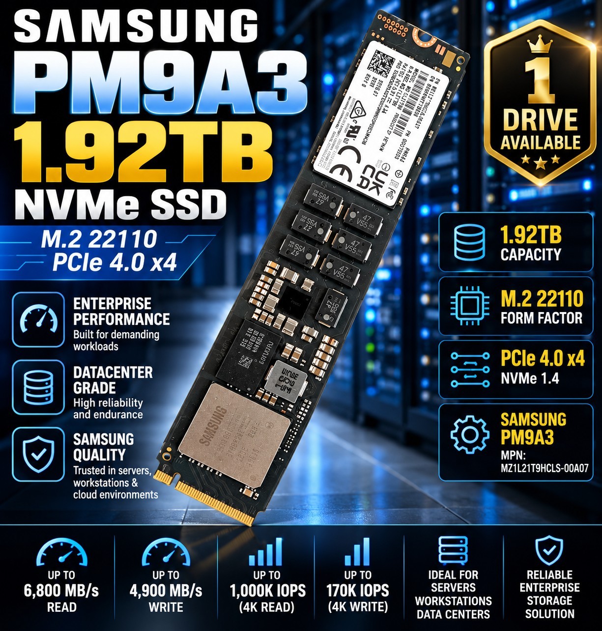 Samsung PM9A3 1.92TB NVMe M.2 22110 Enterprise SSD MZ1L21T9HCLS-00A07