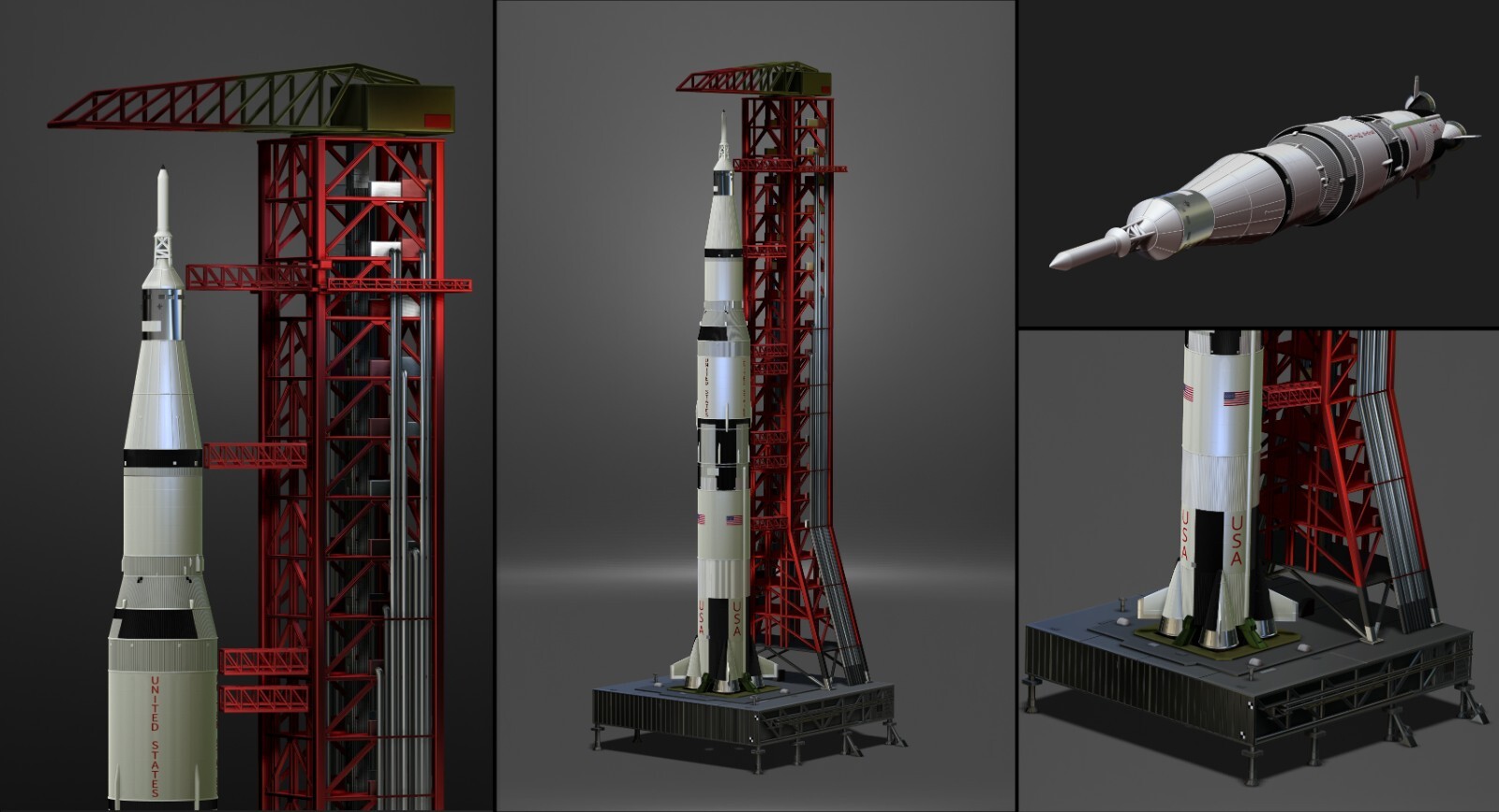 Nasa Saturn V Rocket and Launch Pad Apollo 3D model, file STL OBJ for 3D Printer