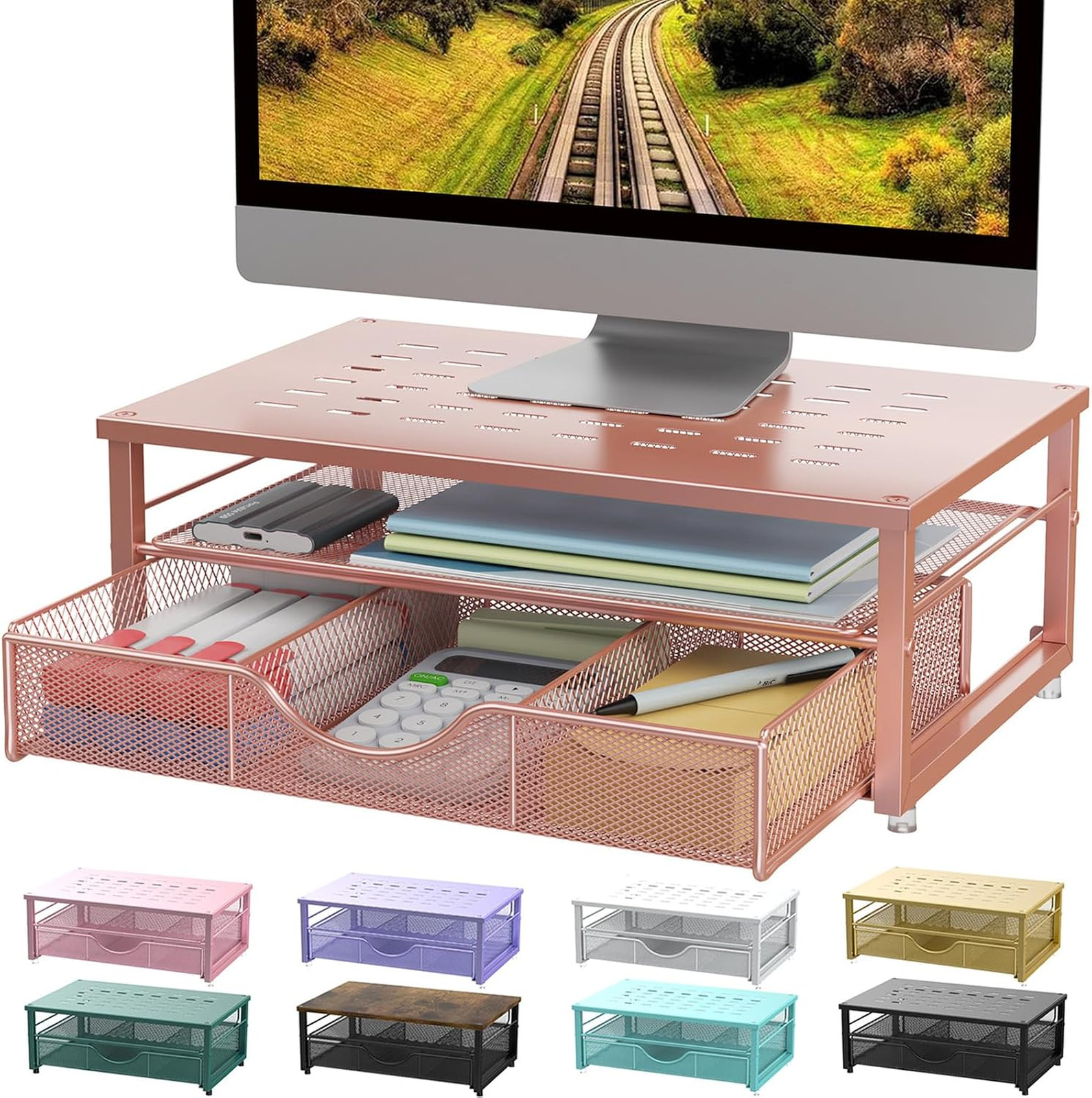 Computer Monitor Stand Riser with Drawer Steel Desk Organizer for Printer and