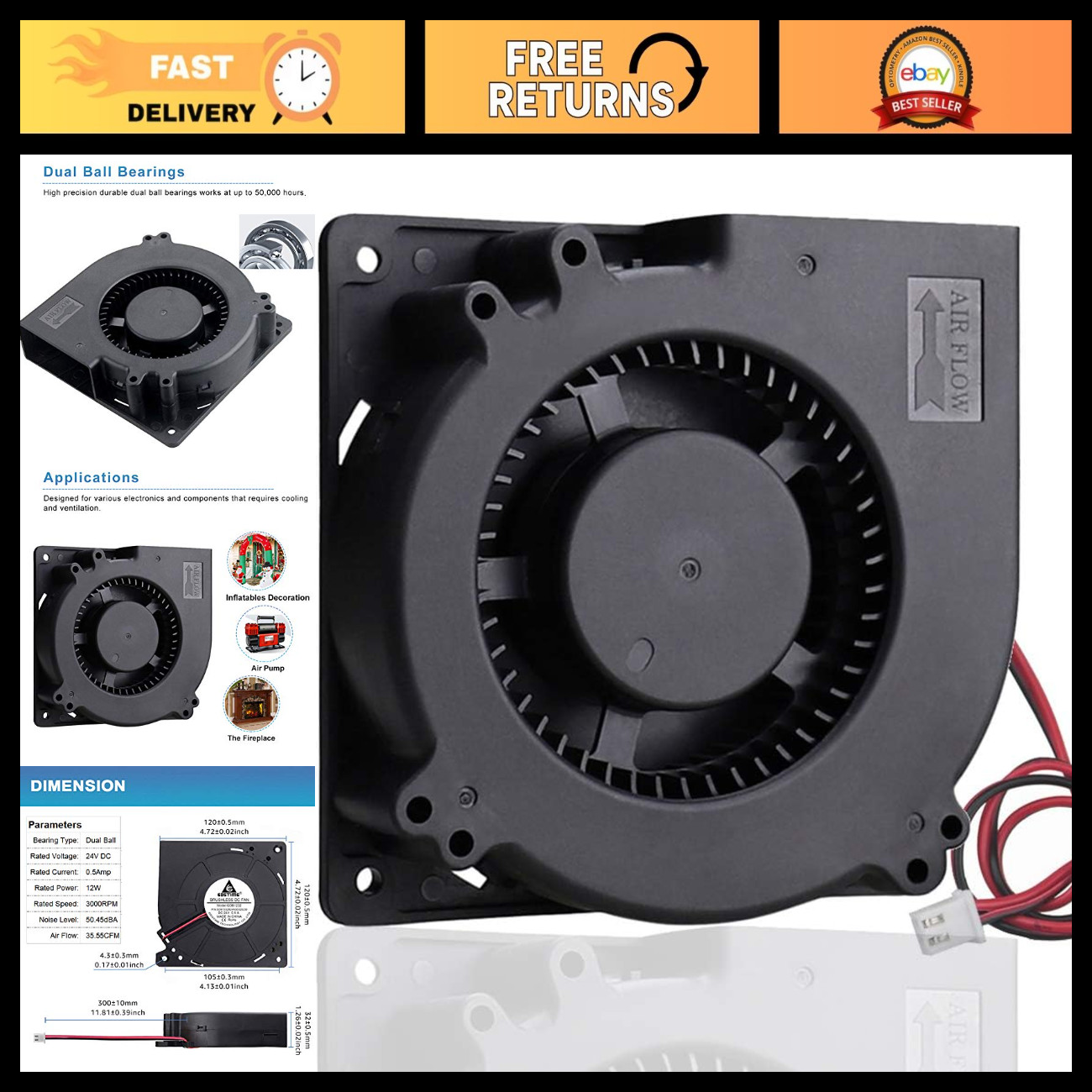 High-Speed 24V DC Brushless Radial Blower Fan - 120mm Centrifugal Cooling Fan