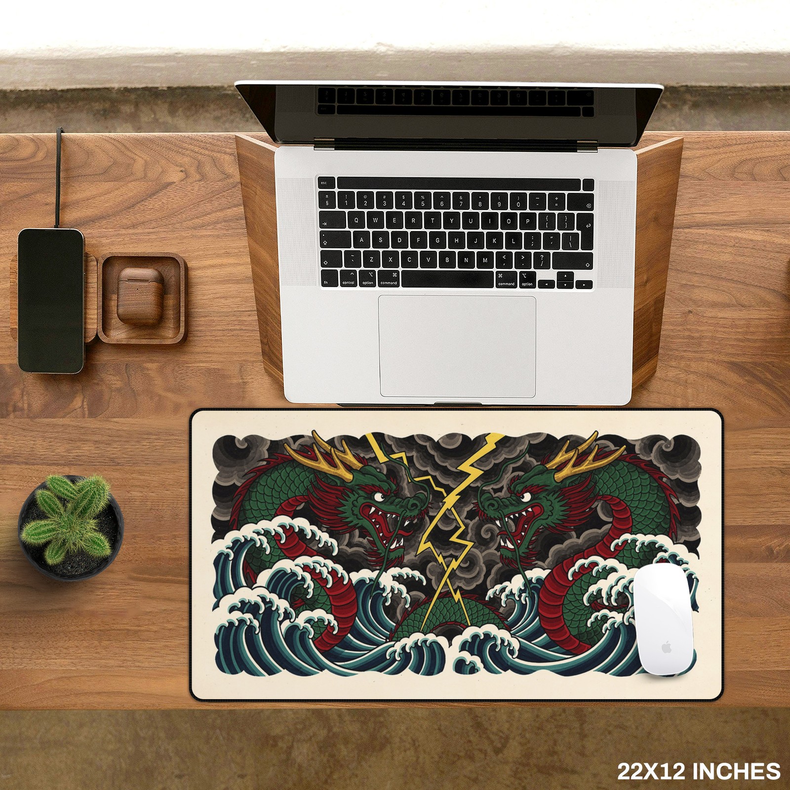 Japanese Dragon Deskmat | XL Mythical Serpent Mouse Pad Lightning & Waves Design