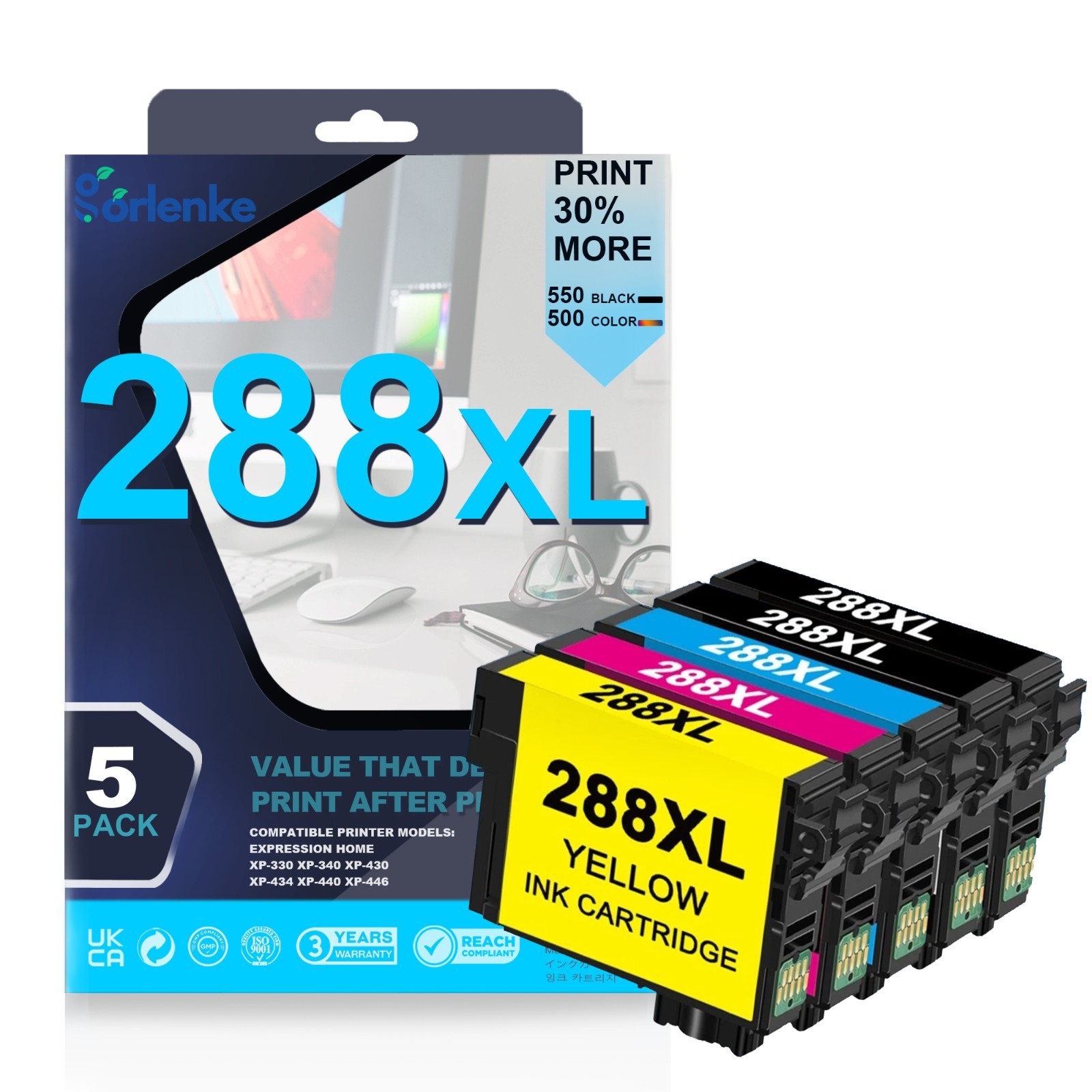 288XL Ink Cartridges 5PK(2BK/C/M/Y) for Epson XP-440 XP-340 XP-330 XP-446