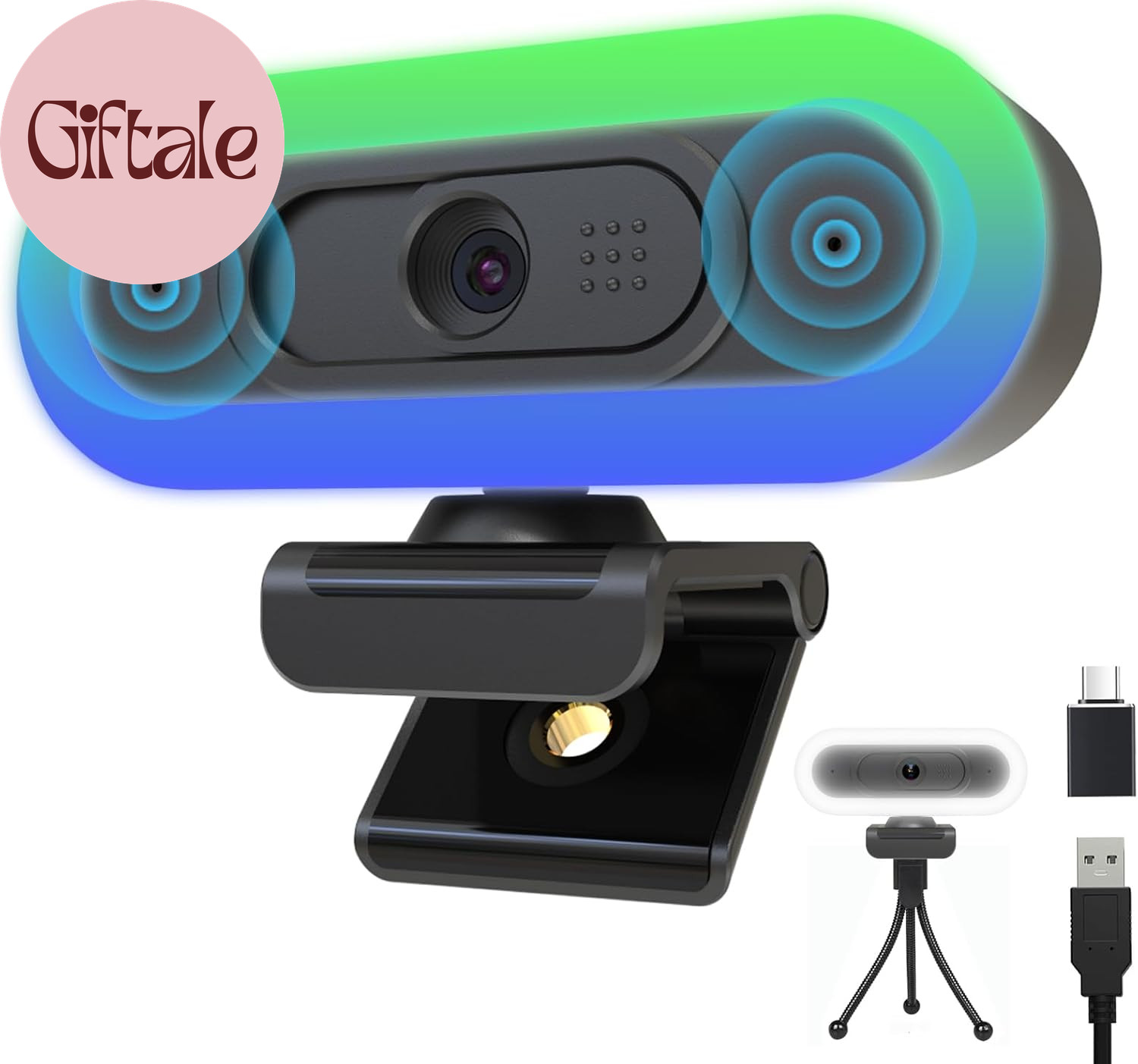 2K USB C Camera Autofocus PC Webcam with Dual Microphones/Ring Light/Fill RGB Li