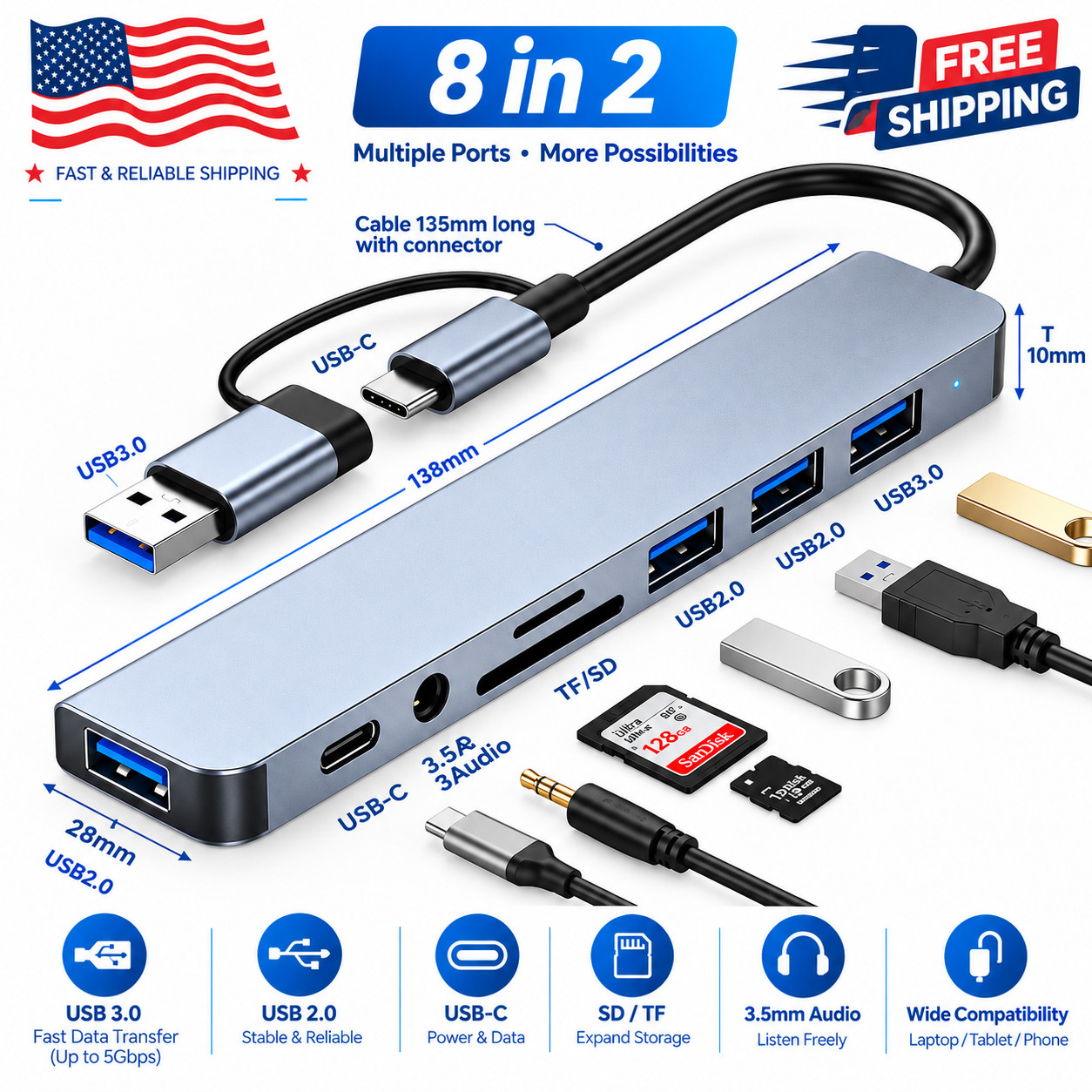 7/8 Port USB-C Hub Adapter - 5G Speed Multi Splitter for PC, Laptop & MacBook US