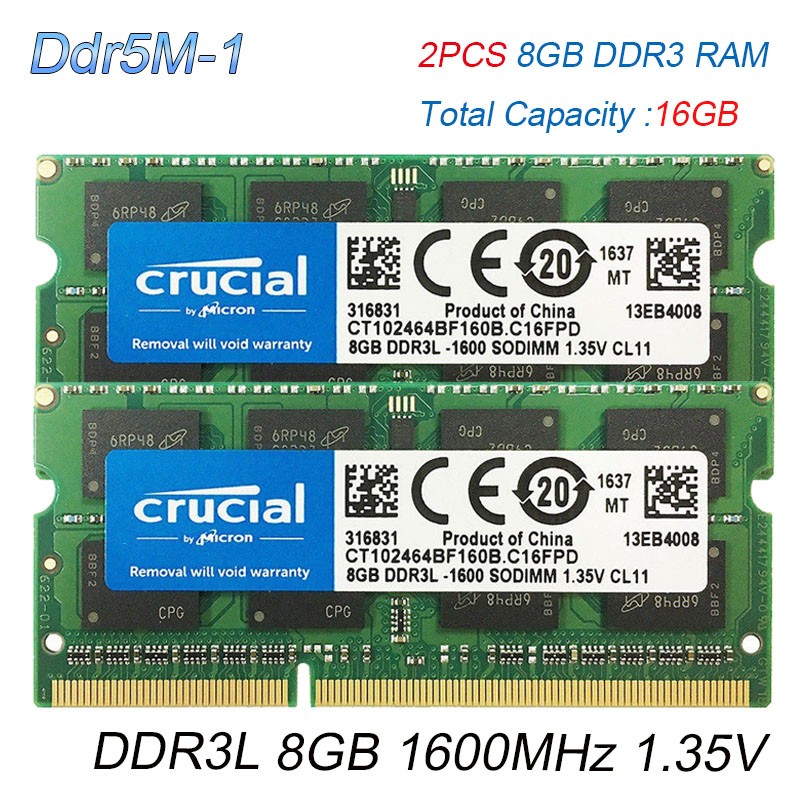 16GB (2x8GB) Crucial DDR3L 1600MHz 1.35V PC3L-12800 Laptop Memory SO-DIMM RAM