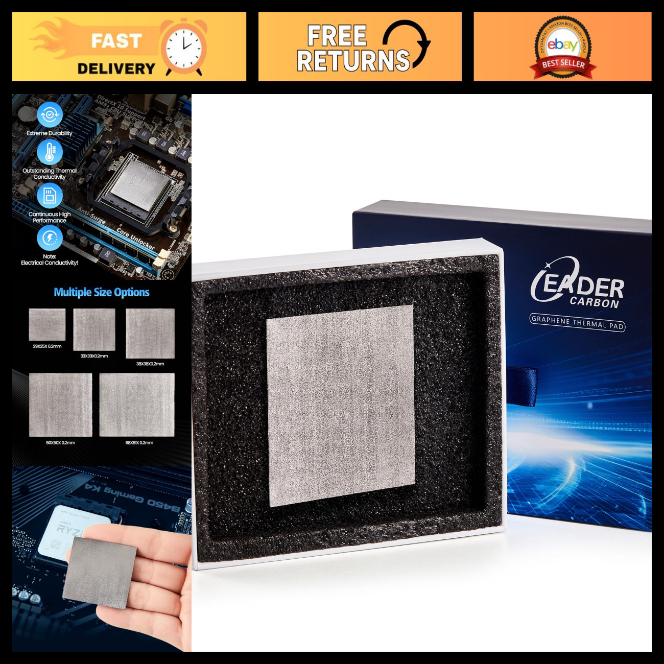 High-Performance Graphene Thermal Pad 50x50x0.2mm for GPU CPU PS5 Xbox Cooling