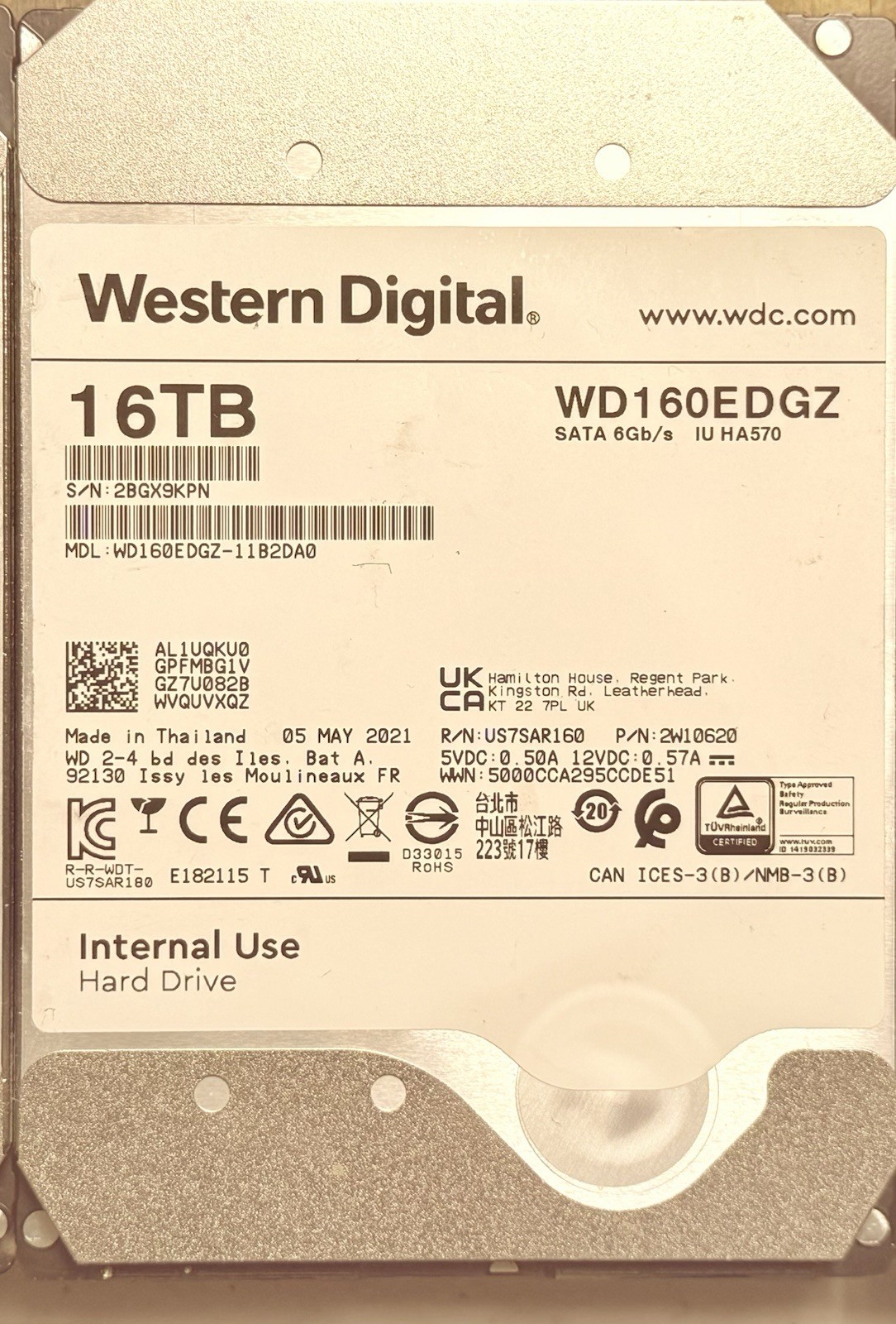 7200RPM WDC 16 TB, SATA 3.2 Data transfer Spd 6Gb/s, 3.5 inch  WD160EDGZ-11B2DA0