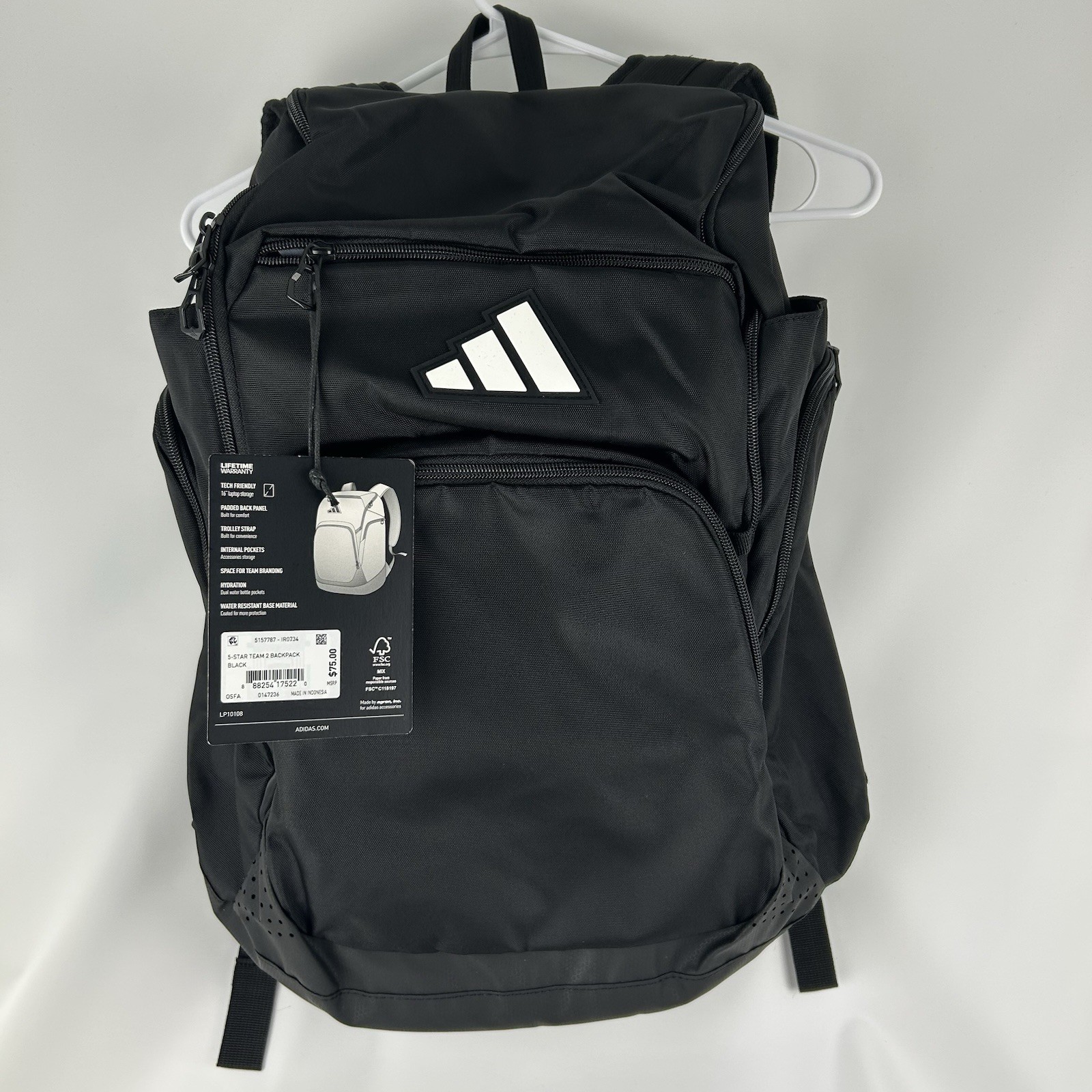 adidas Black 5-Star Team 2 Backpack Dual Water Bottle Pockets Padded Back Panel
