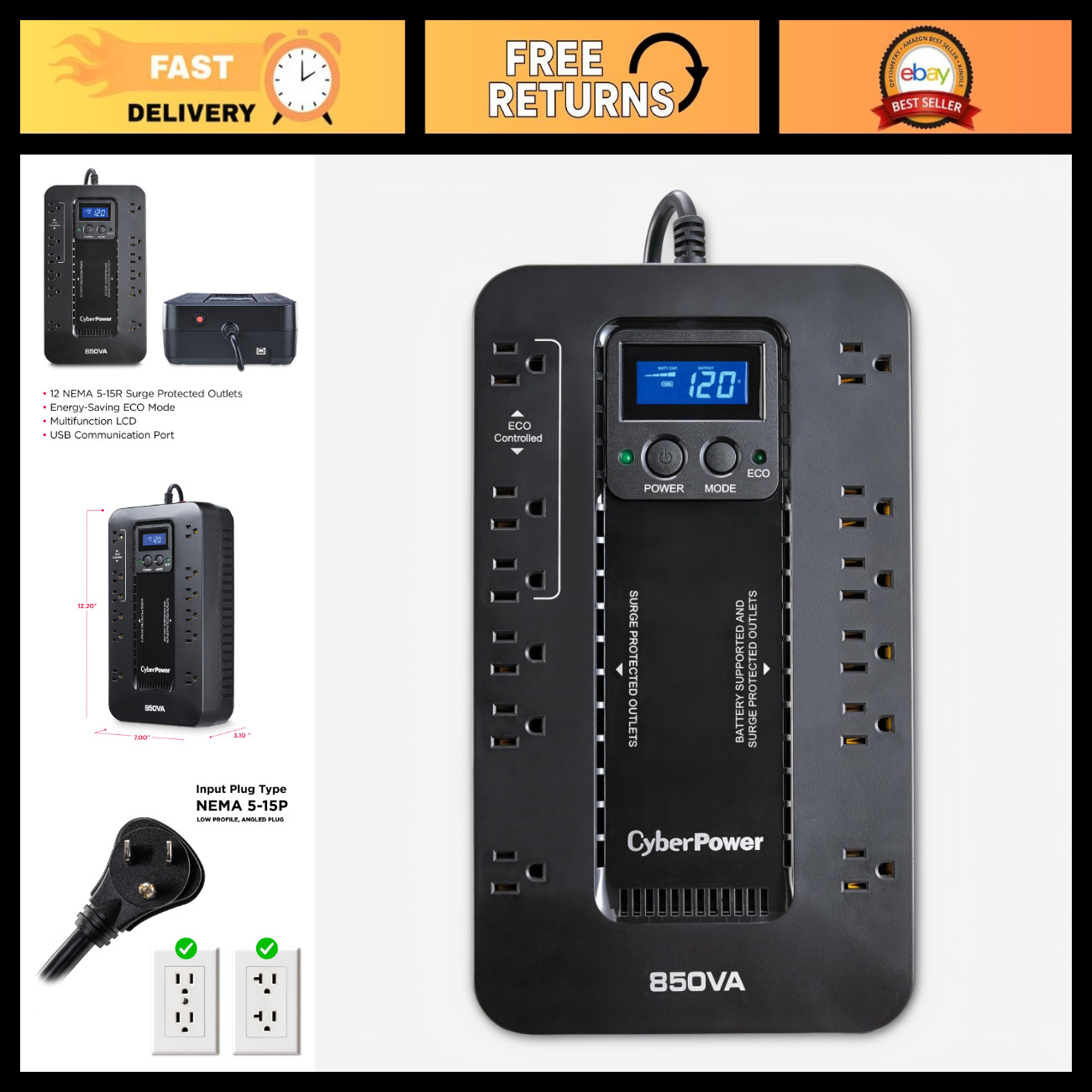 850VA Eco-Friendly UPS Battery Backup & Surge Protector - LCD Display, Compact D