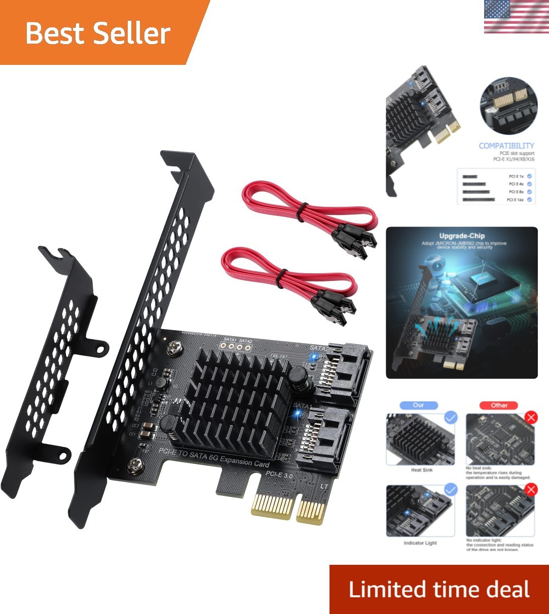 PCI-E X1 to SATA 3.0 Controller Card, 2-Port SATA III 6Gbps Expansion Cards, ...