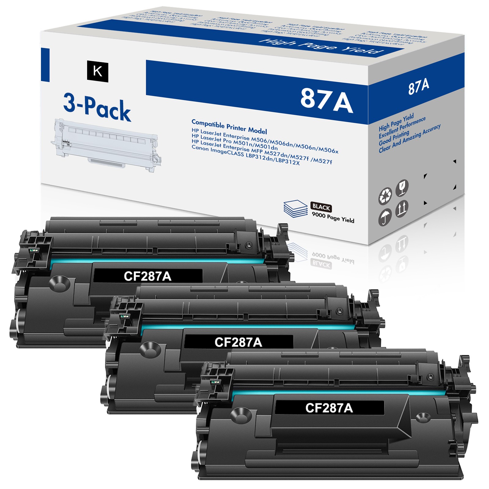 3 Pack CF287A 87A Toner Cartridge for HP LaserJet Pro M501 M501dn M501n MFP M527