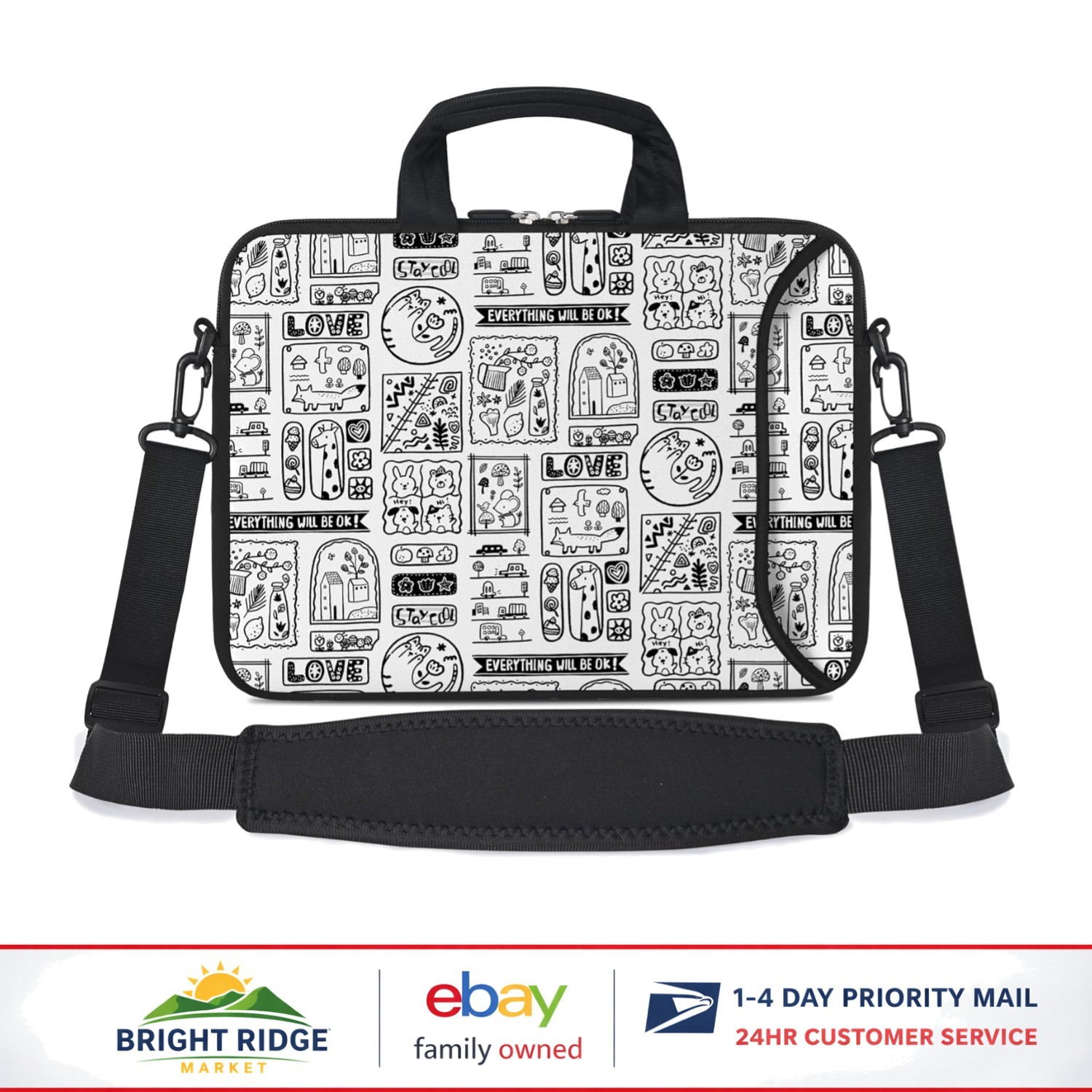 Zippered Neoprene Messenger Bag for 14-15.6 Inch Notebooks with Adjustable Strap