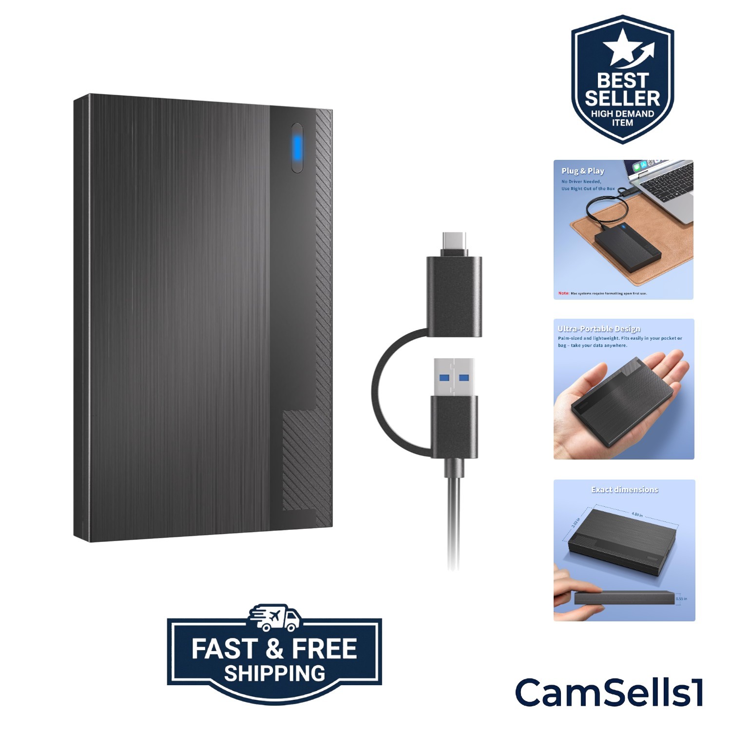 Travel-Friendly 160GB External HDD - Fast USB 3.0 & Type-C Connectivity