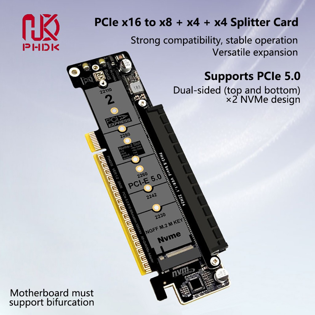 PHDK PH4235 PCIe 5.0 Quad M.2 NVMe RAID Card x8x4x4 Bifurcation VROC