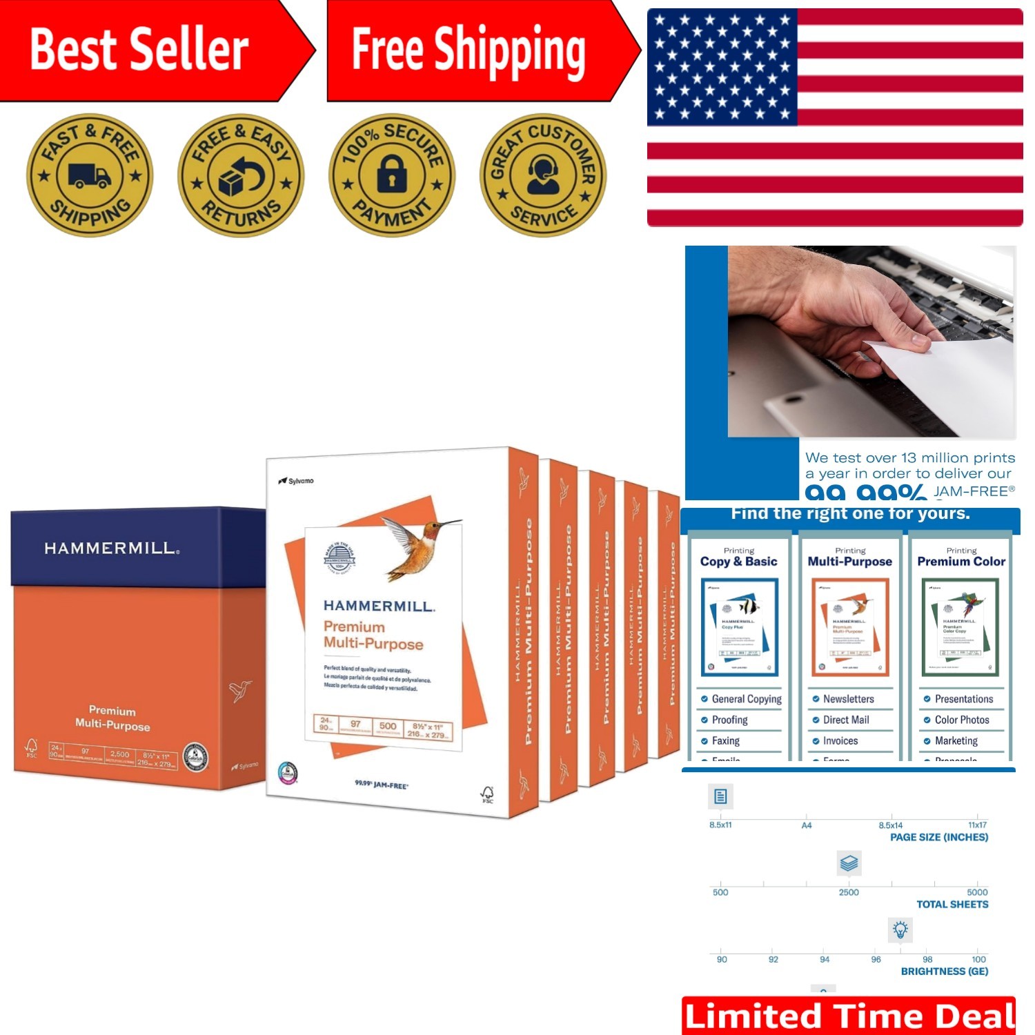 High-Quality 24 lb Multipurpose Copy Paper - 2500 Sheets, ColorLok Technology