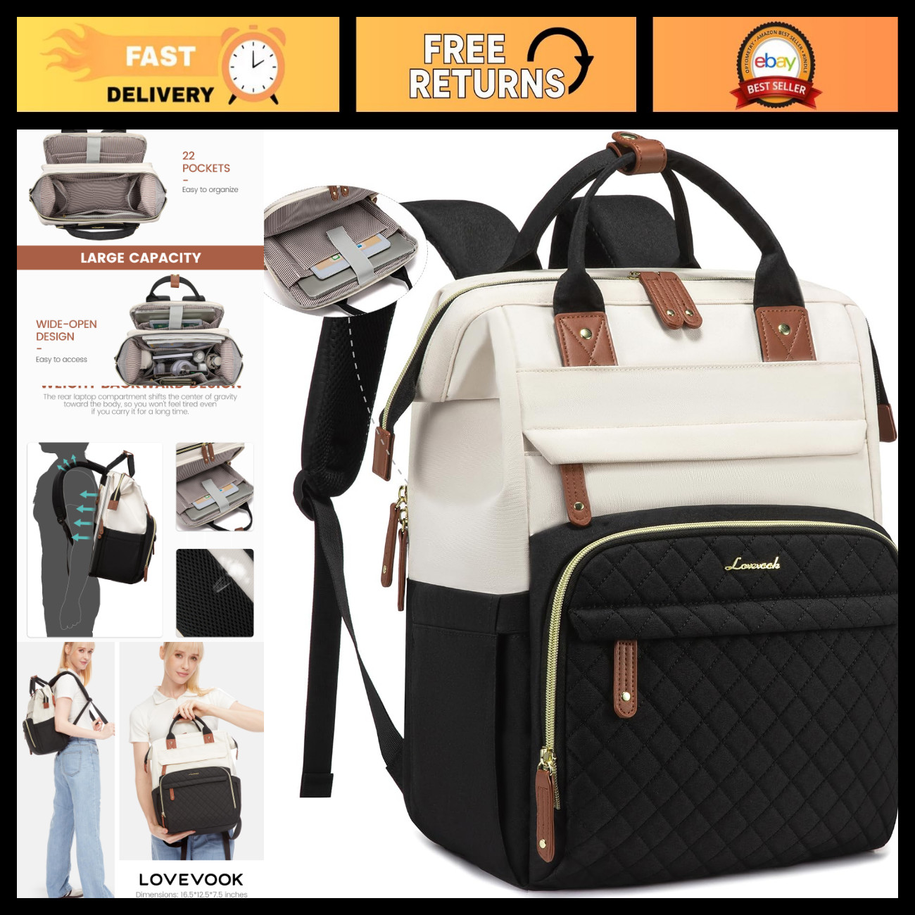Waterproof 15.6" Laptop Backpack for Women, Nurse & Teacher Work Bag, Travel Pur
