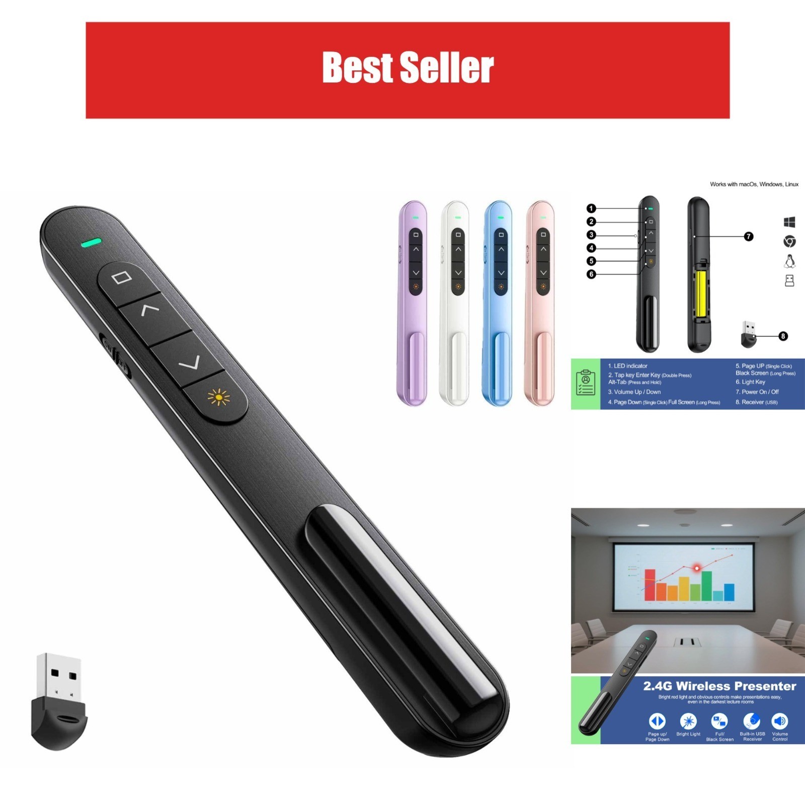 QUI Wireless Presentation Clicker with Volume Control, 2.4GHz USB Presenter
