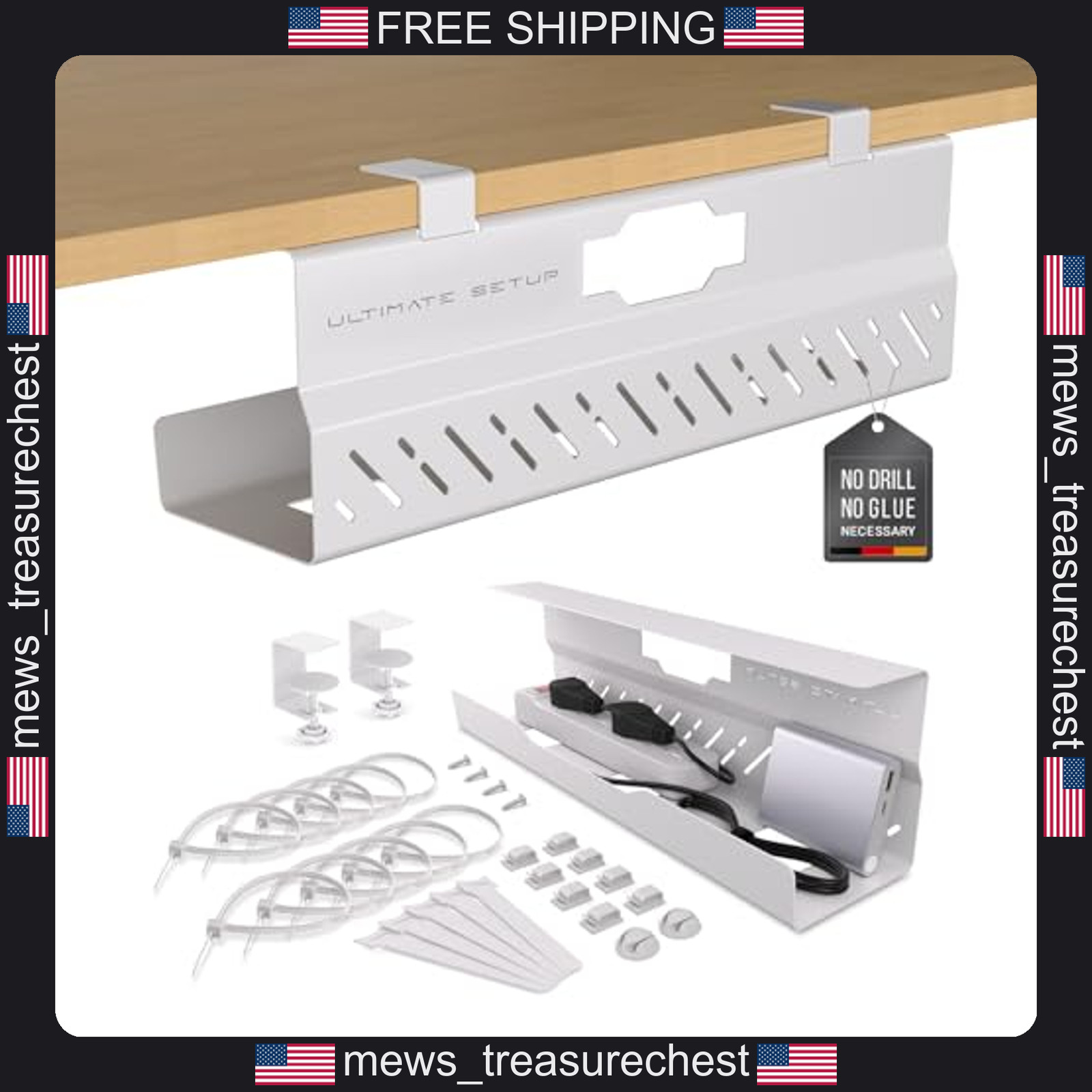 Under Desk Cable Management Tray No Drill White Extra Large Capacity