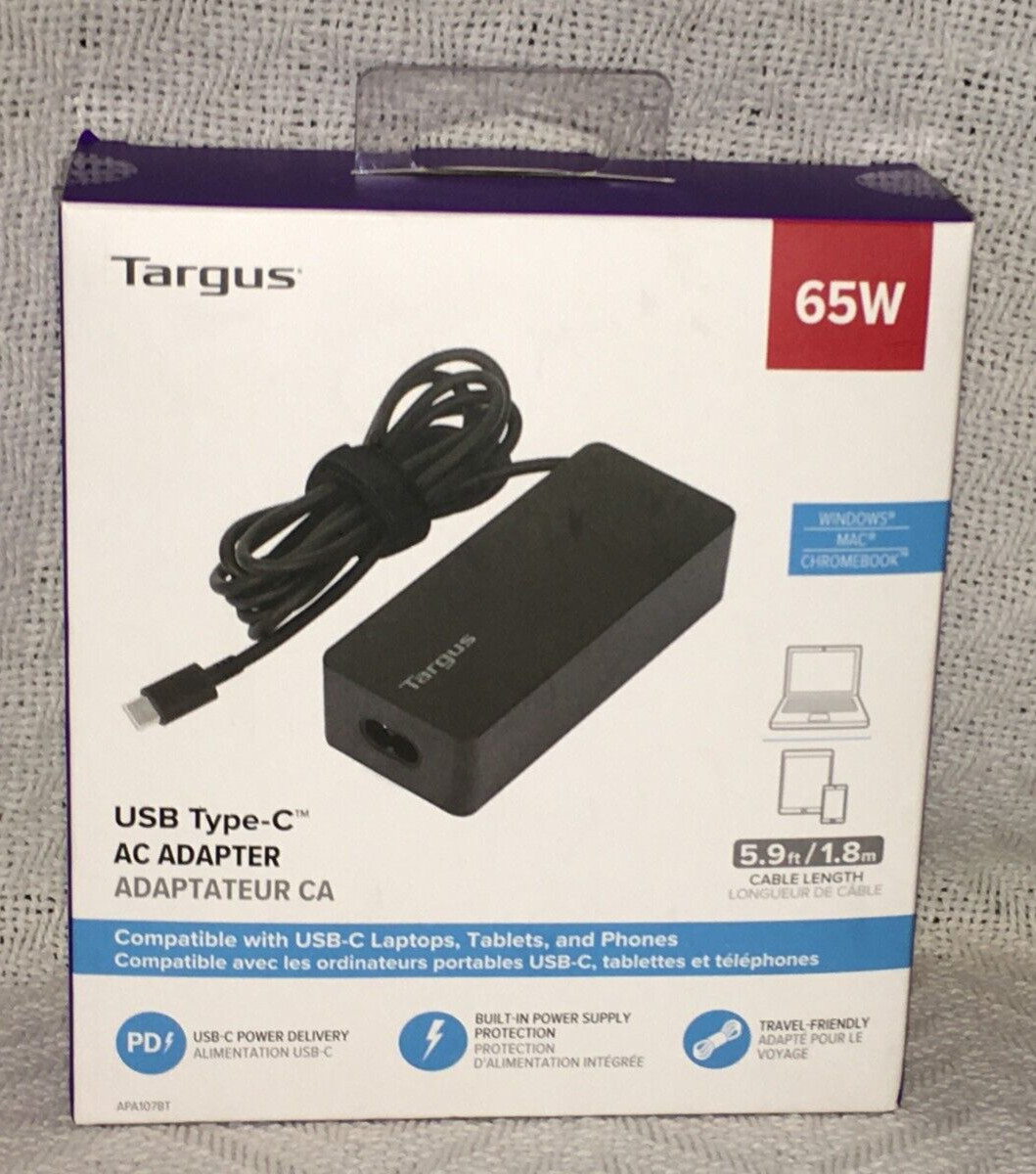 Targus 65W USB-C Laptop Charger 5.9 ft. in Black New In Box Model #APA-107