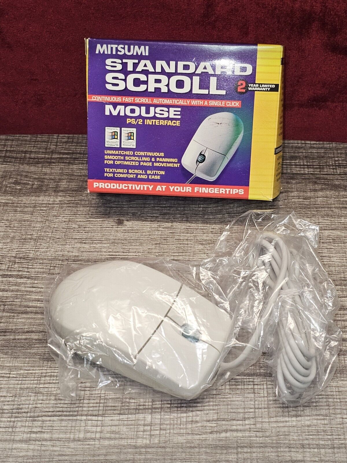 Vintage Mitsumi Standard Scroll 3 Button PS/2 Mouse New In Box