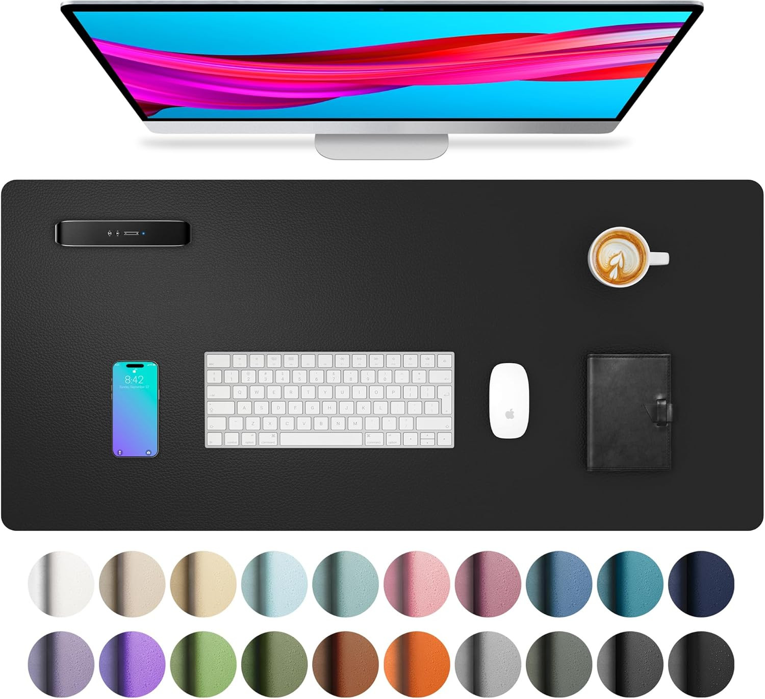 Non-Slip Waterproof PU Leather Desk Pad Protector Mouse Mat Black 23.6x13.7