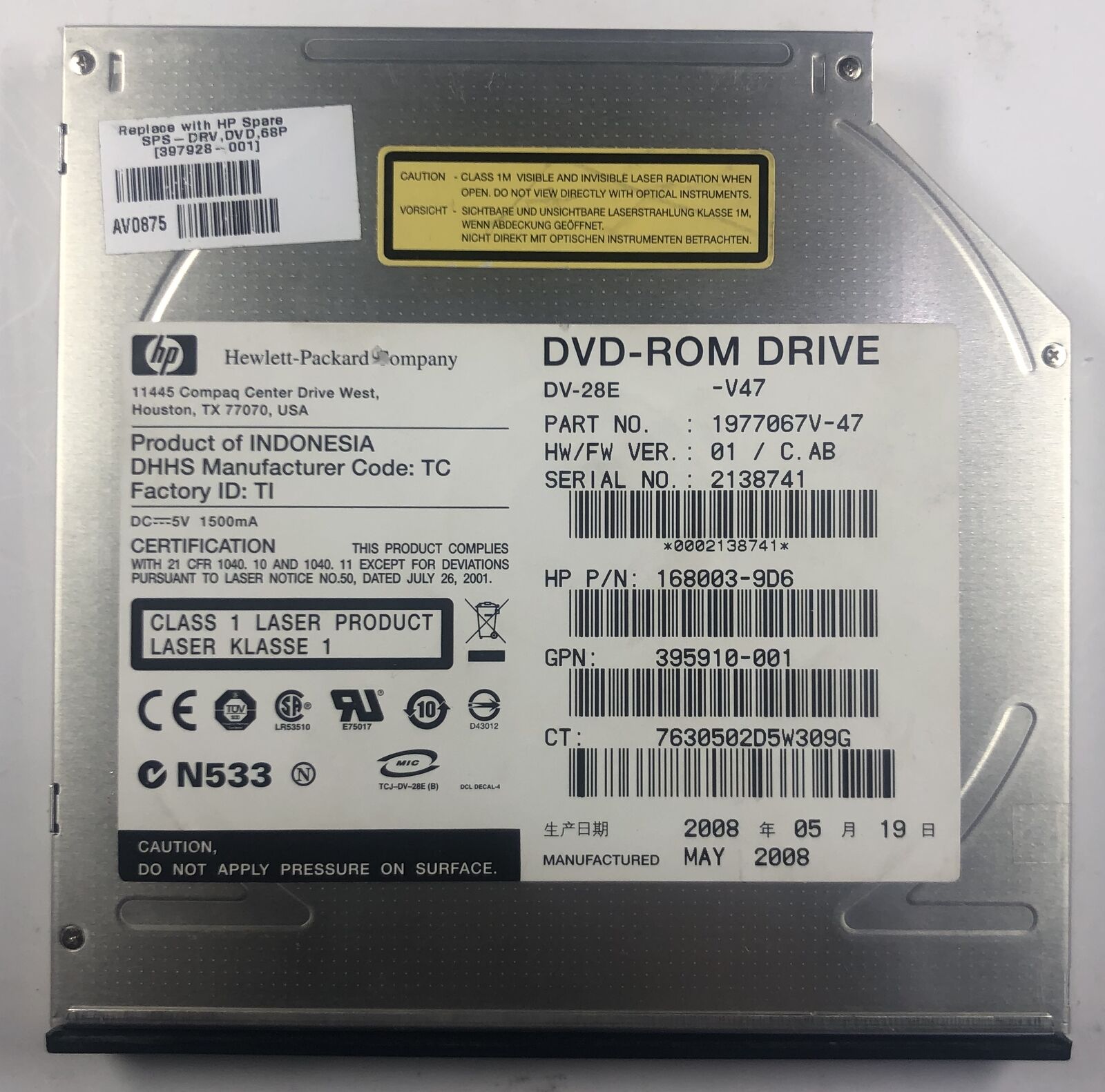 HP ProLiant DL360 G5 Server DV-28E DVD-ROM Drive- 397928-001