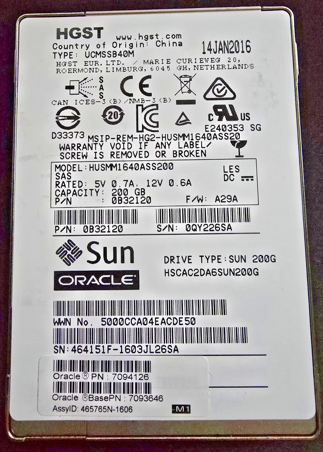 SUN ORACLE/HGST 200GB 2.5" 12Gb/s SAS MLC SSD HUSMM1640ASS200 Solid State Drive