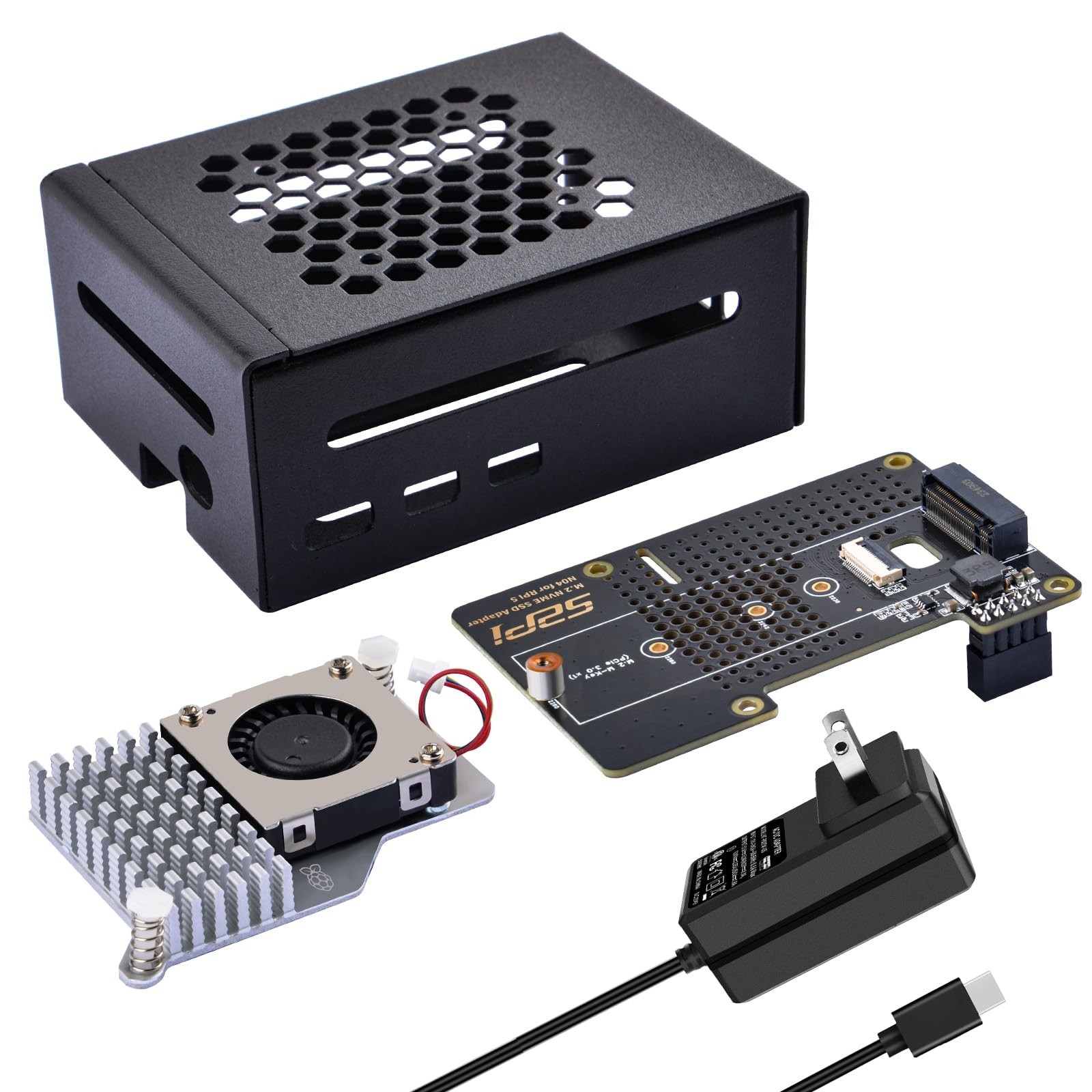 Metal Case for Raspberry Pi 5 with Active Cooler, M.2 NVMe SSD Board & 27W USB C