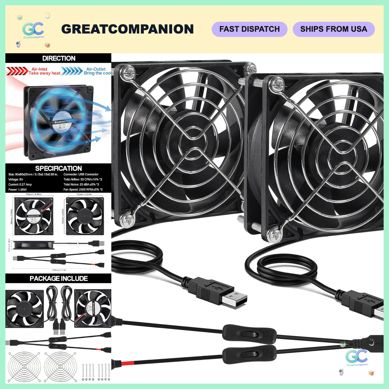2pcs 80mm USB Cooling Fan 5V Portable Quiet PC Case Fan with ON/OFF Switch