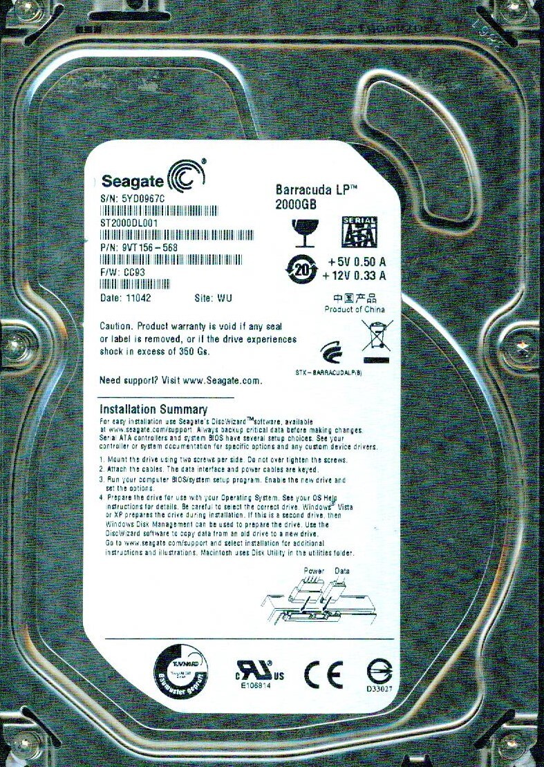 ST2000DL001,  9VT156-568,   CC93,  WU, 5YD0   SEAGATE 2TB  11042