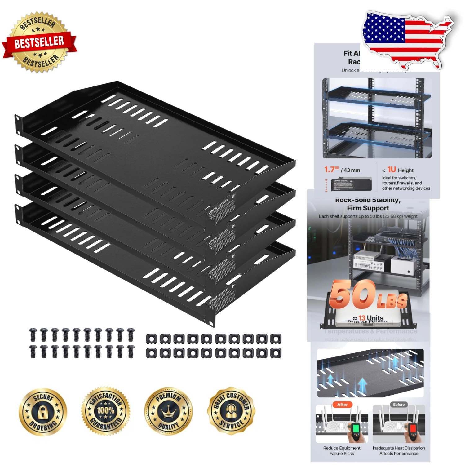 Heavy-Duty 1U Server Rack Shelf 4pc Vented 50lb Capacity 19" Network Mount Tray