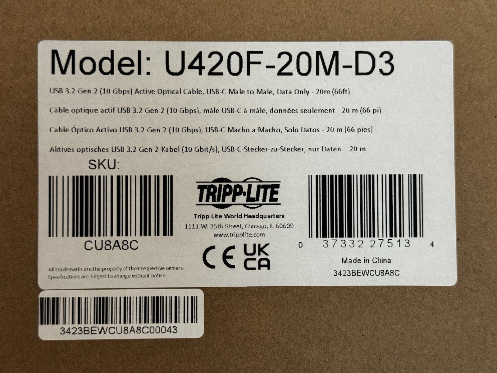Tripp Lite U420F-20M-D3 USB-C Male to Male 20 Meters 10Gbps - Open Box