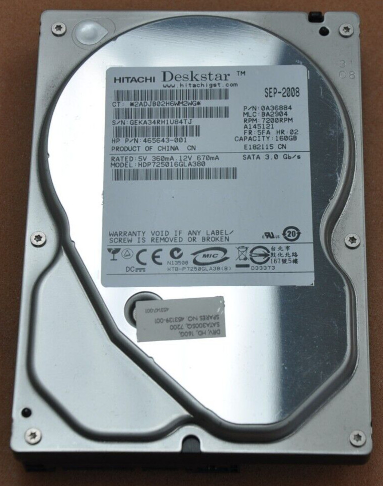 Hitachi HGST HDP725016GLA380 P/N 0A36884 160GB SATA 3.0Gb/s 7.2K 3.5" Hard Drive