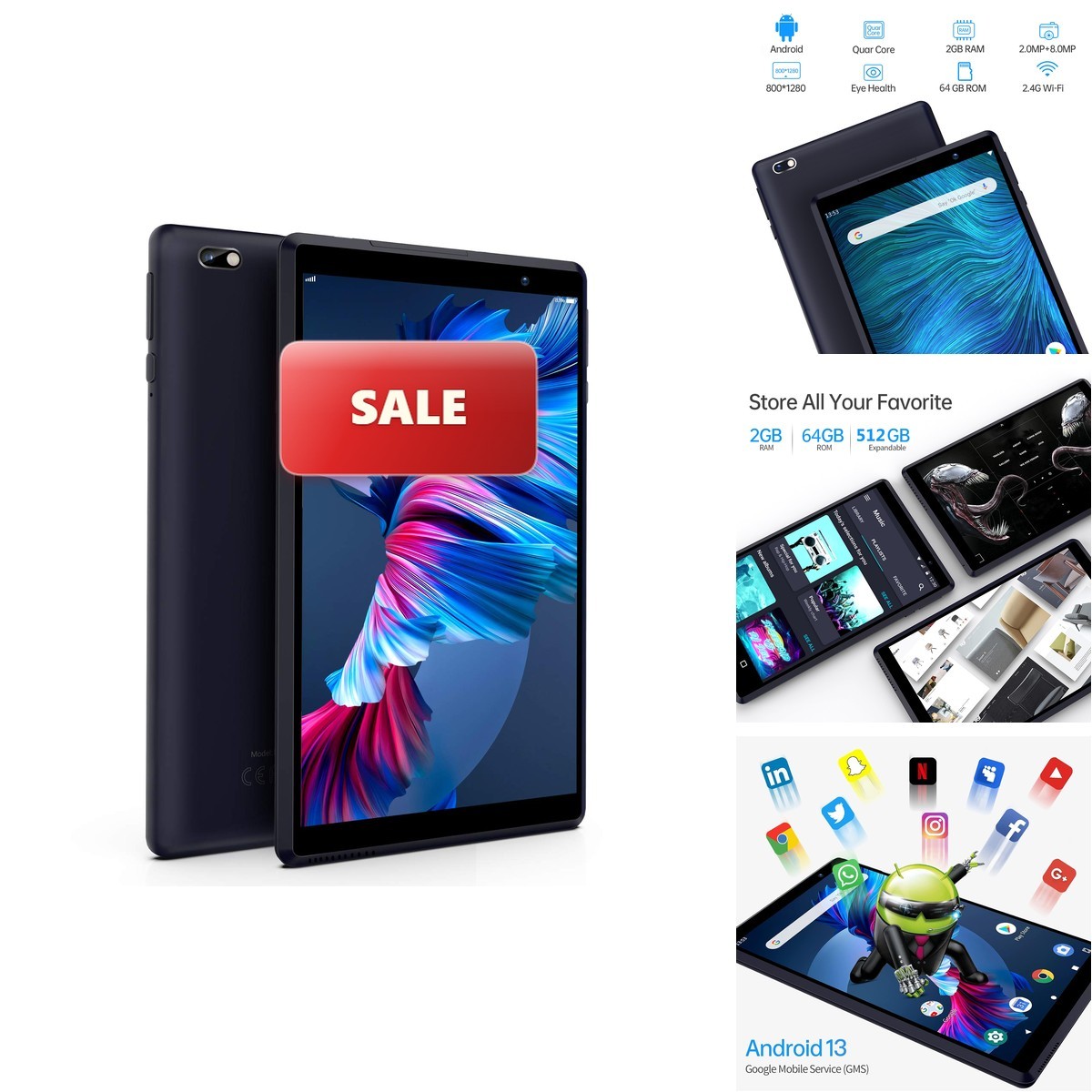 PRITOM L8 Reading Tablet 8 Inch 64GB 1280x800 HD IPS Wi-Fi Bluetooth