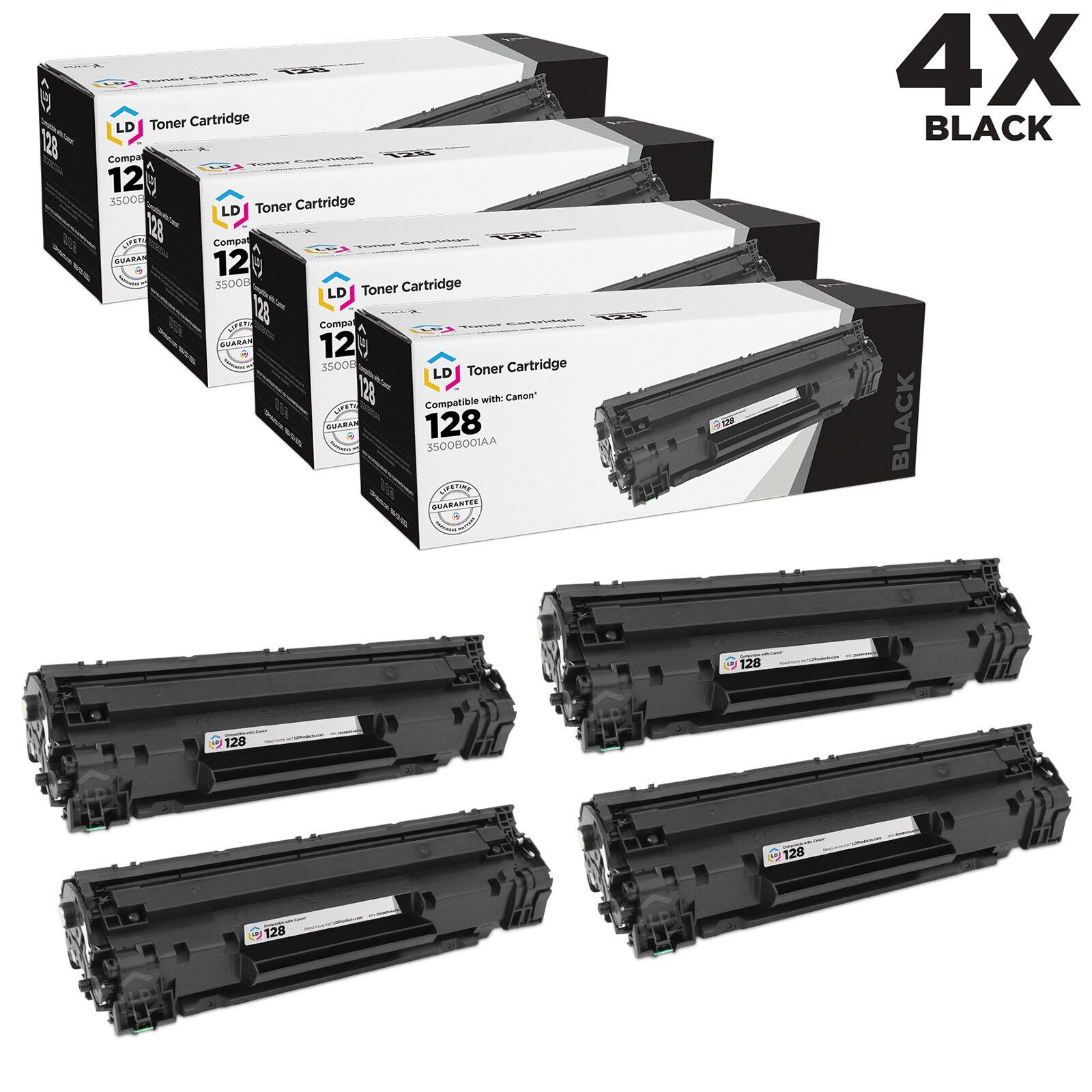 LD Replacement Canon 3500B001AA (128) Set of 4 Black Laser Toner