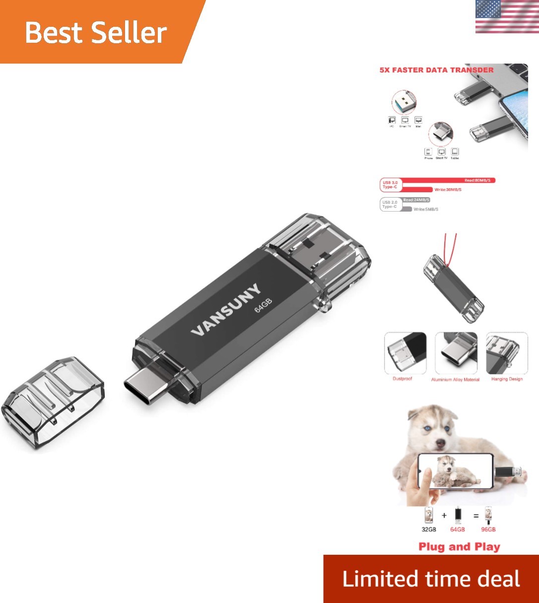 Compact 64GB Temperature-Proof USB 3.0 + Type C Flash Drive - Dual Connectivity