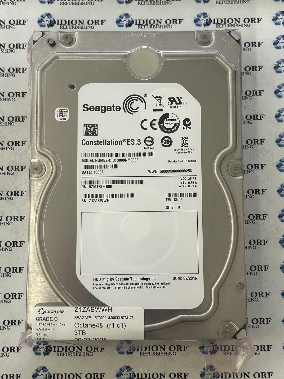 SEAGATE 3TB 3.5" SATA HDD 7200 RPM ST3000NM0033-9ZM178, GRADE C,  SKU 19419