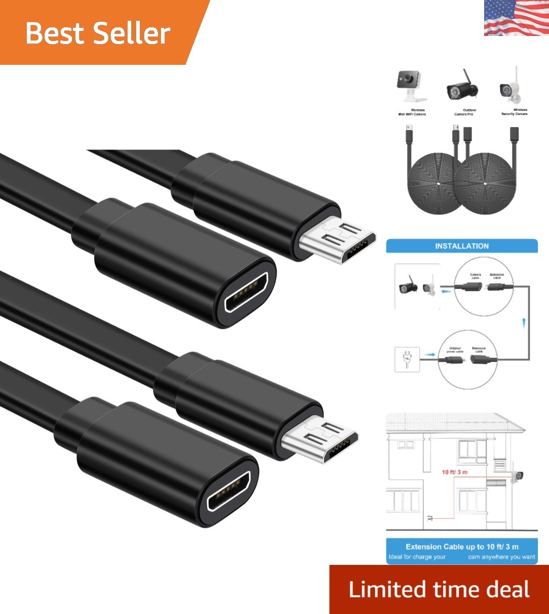 Flat 2 Pack Micro USB Extension Cords 20FT for Wyze Cameras - Neat & Flexible