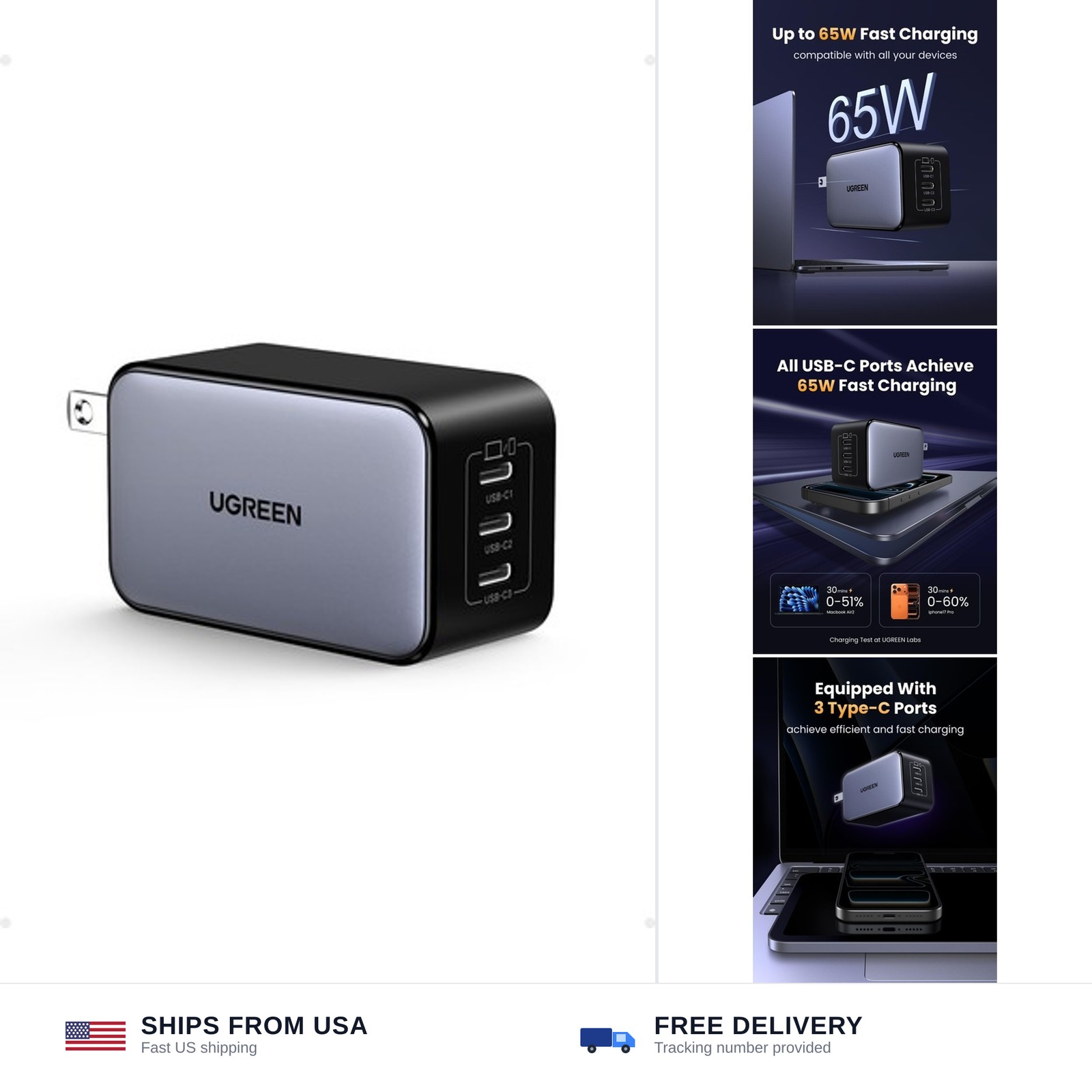 65W GaN USB C 3-Port Fast Charger for Laptop Phone Tablet Headphone